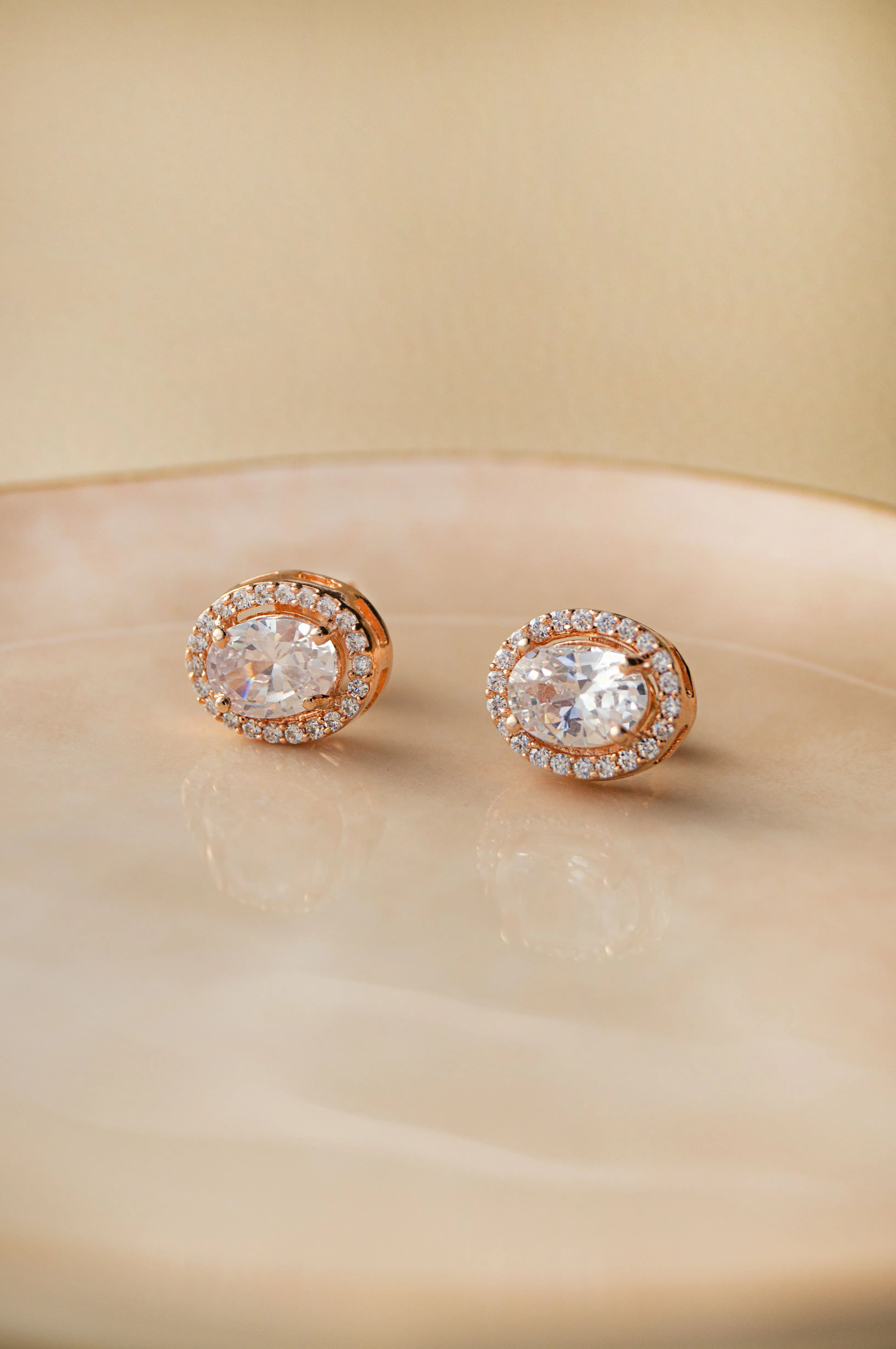 Halo Oval Rose Gold Plated  Solitaire Sterling Silver Earrings