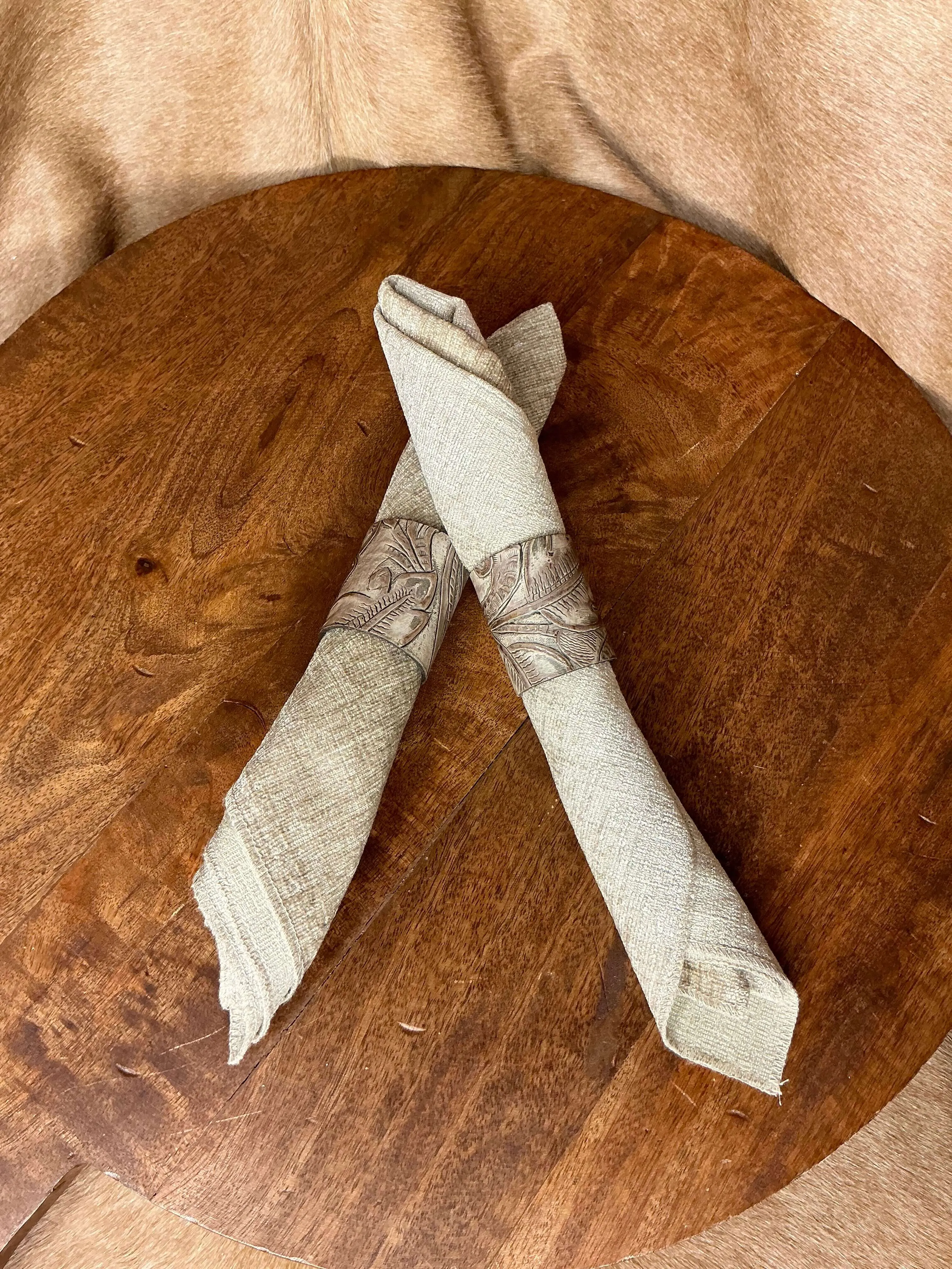 Handcrafted Leather Embossed Autumn Napkin Rings set of 6