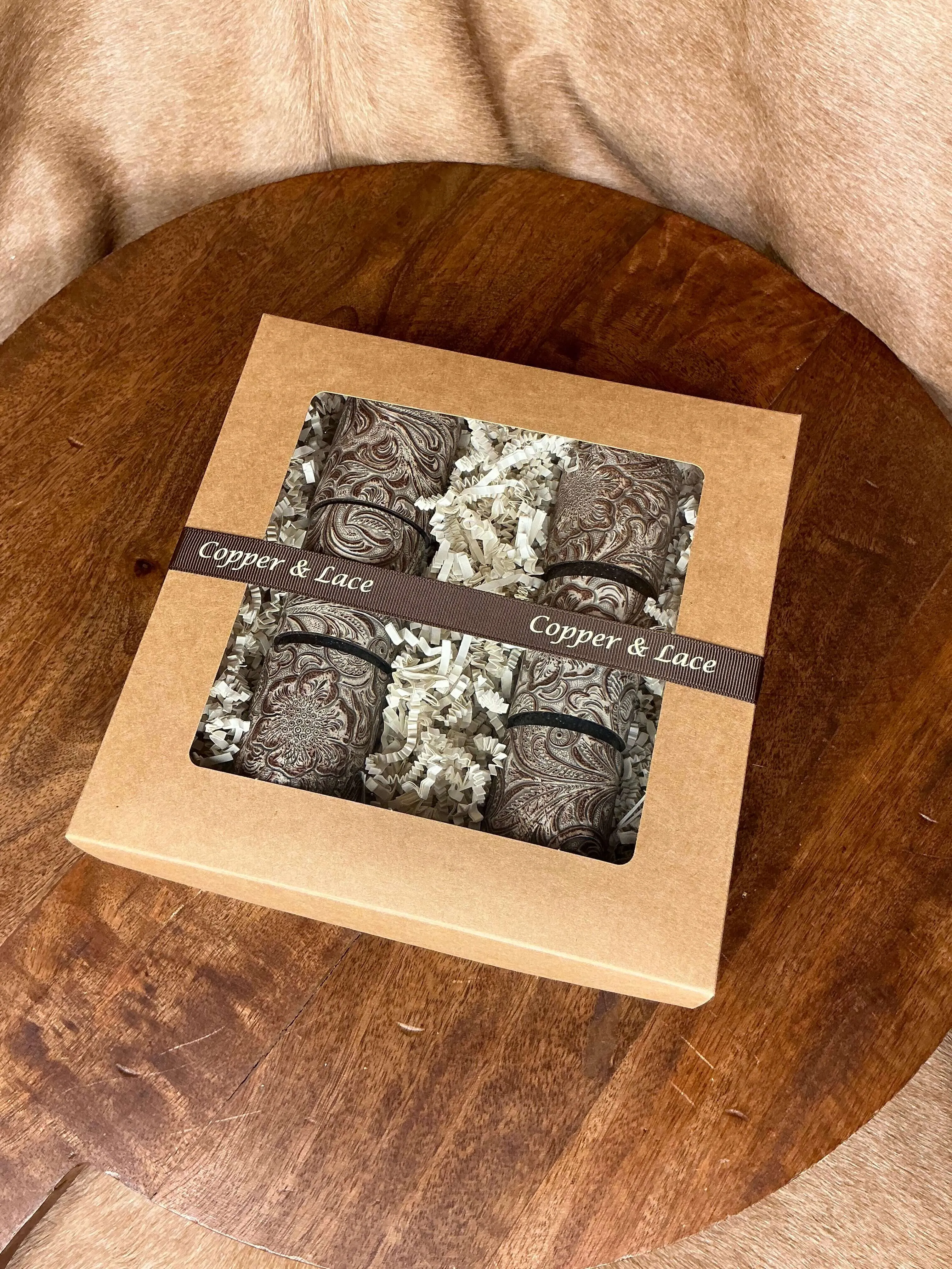 Handcrafted Leather Embossed Wildflower Napkin Rings 6Pc