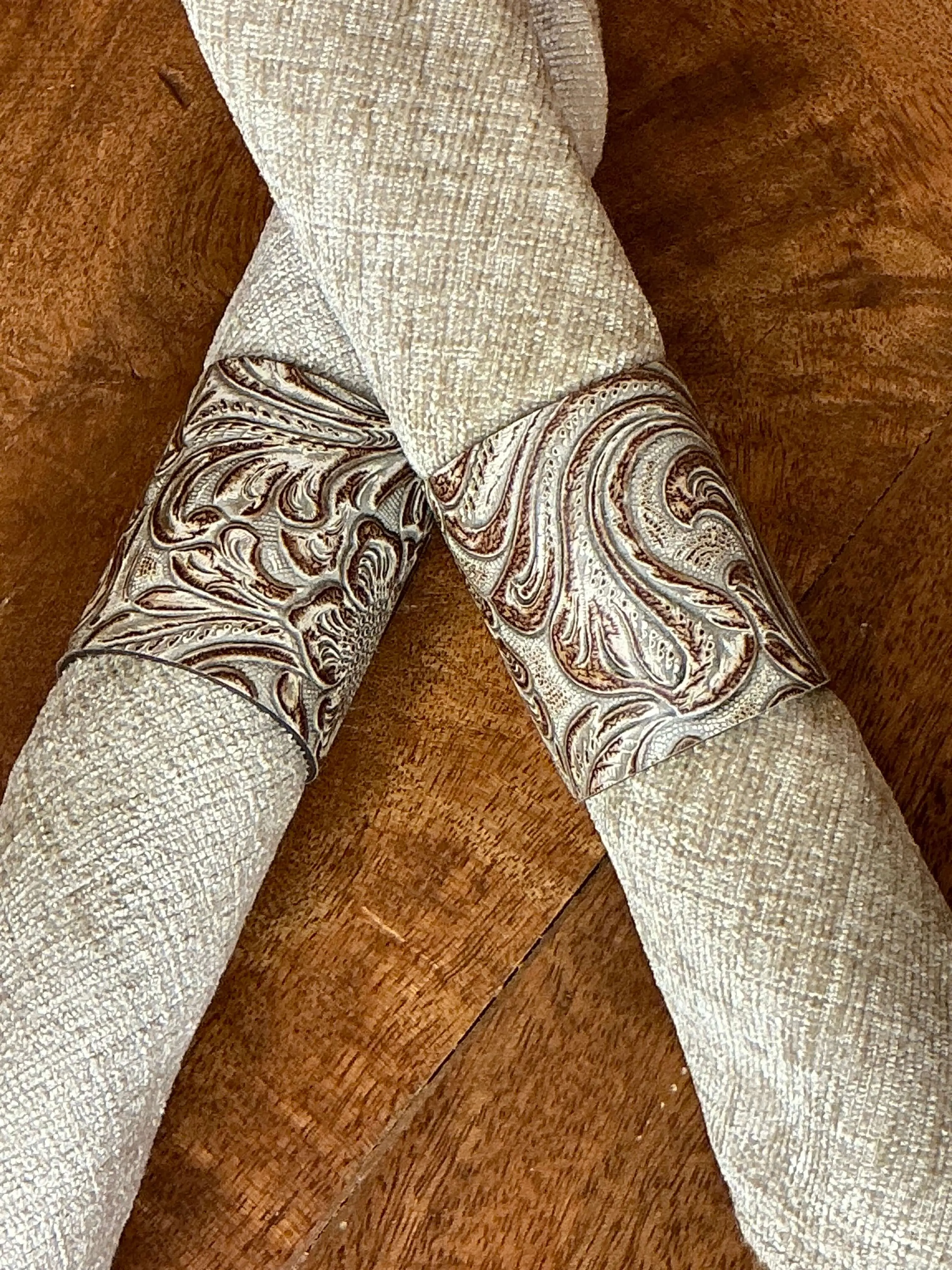 Handcrafted Leather Embossed Wildflower Napkin Rings 6Pc