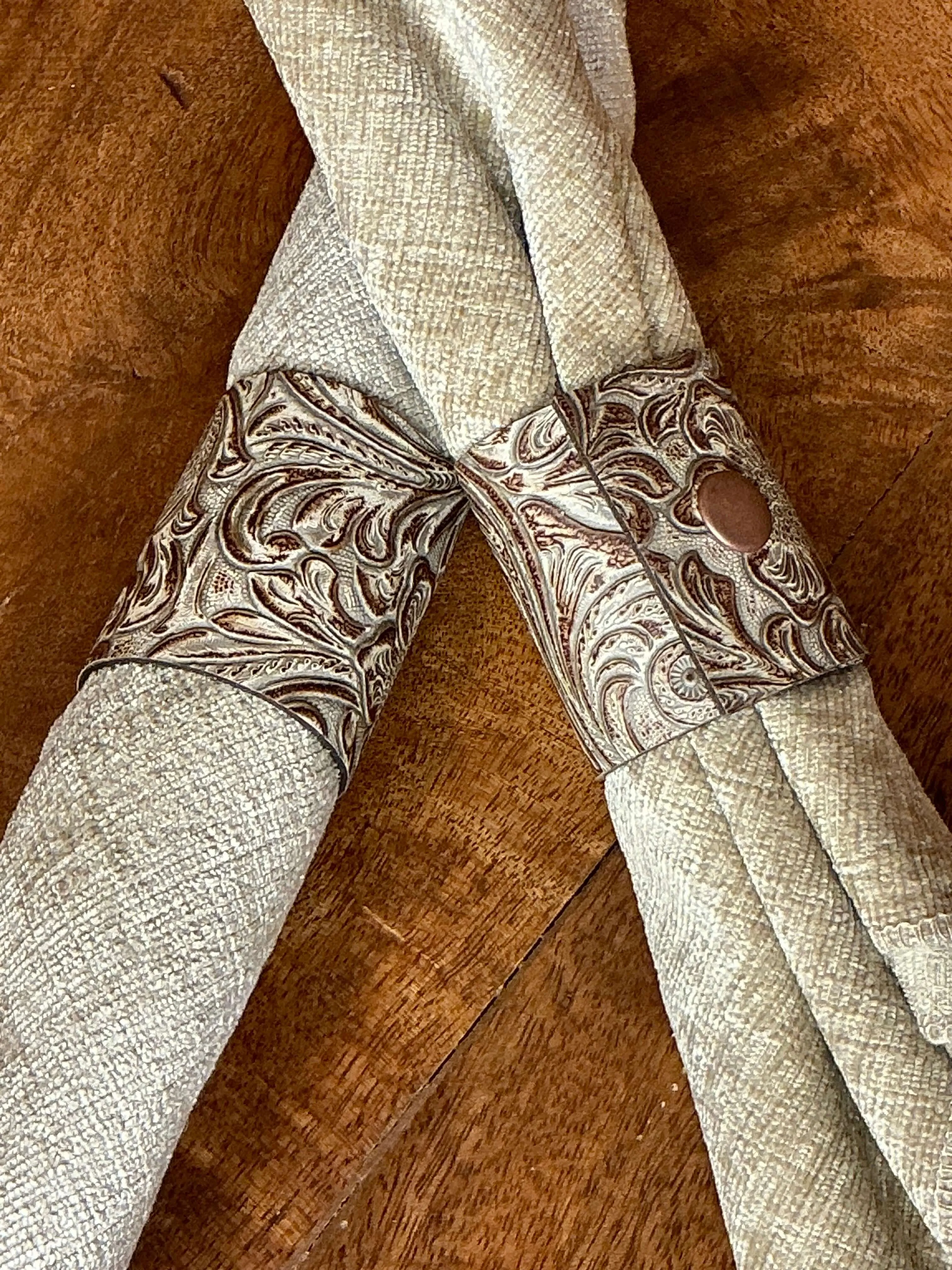 Handcrafted Leather Embossed Wildflower Napkin Rings 6Pc