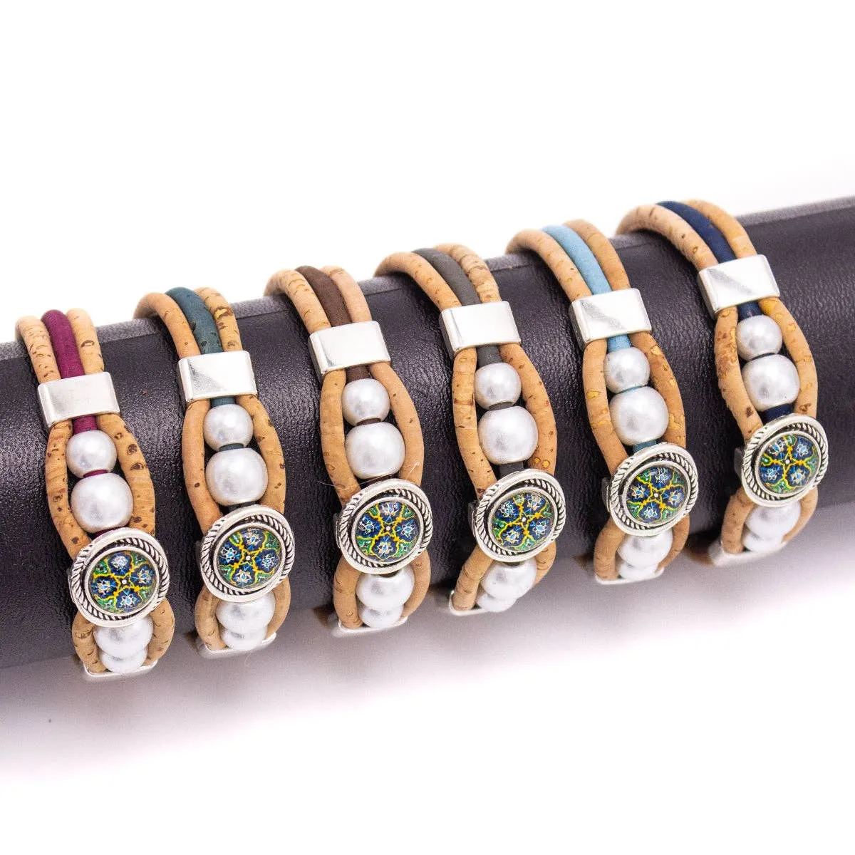 Intricate printed resin beads- Cork handmade Original bracelet  BR-476-MIX-6