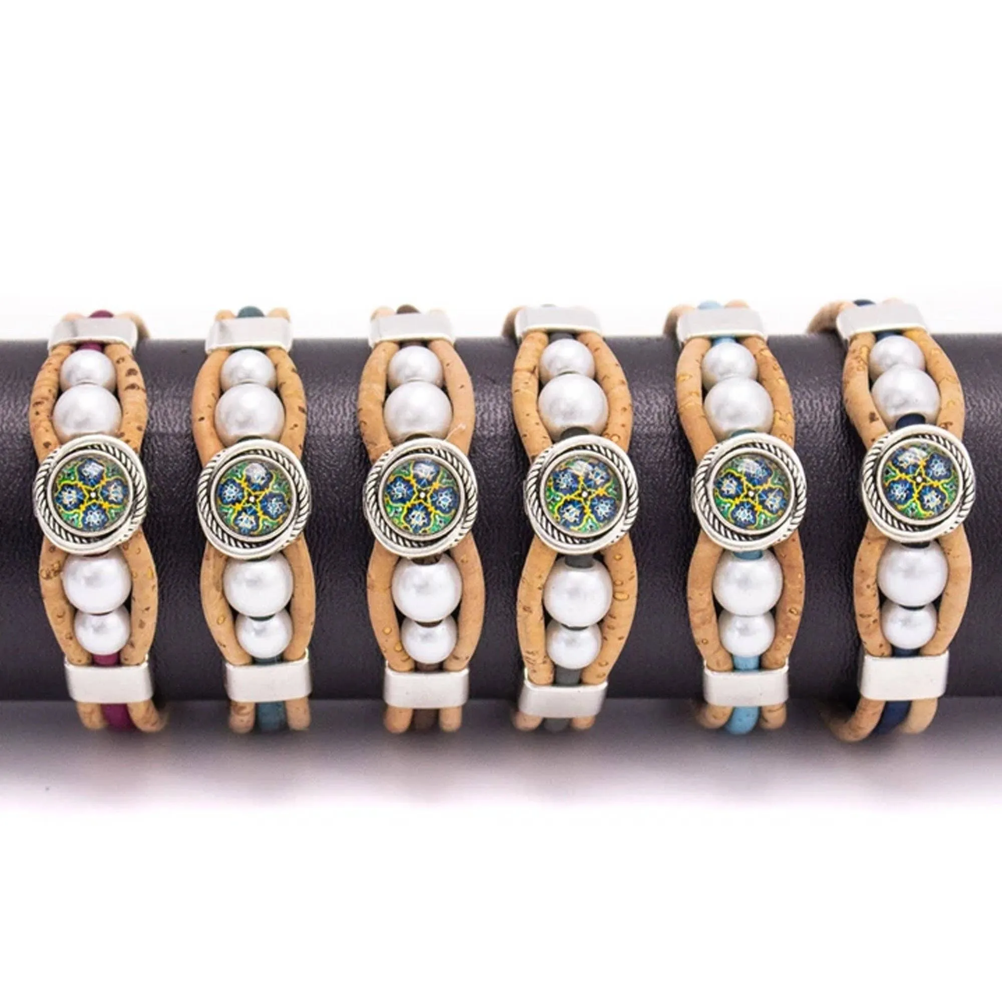 Intricate printed resin beads- Cork handmade Original bracelet  BR-476-MIX-6