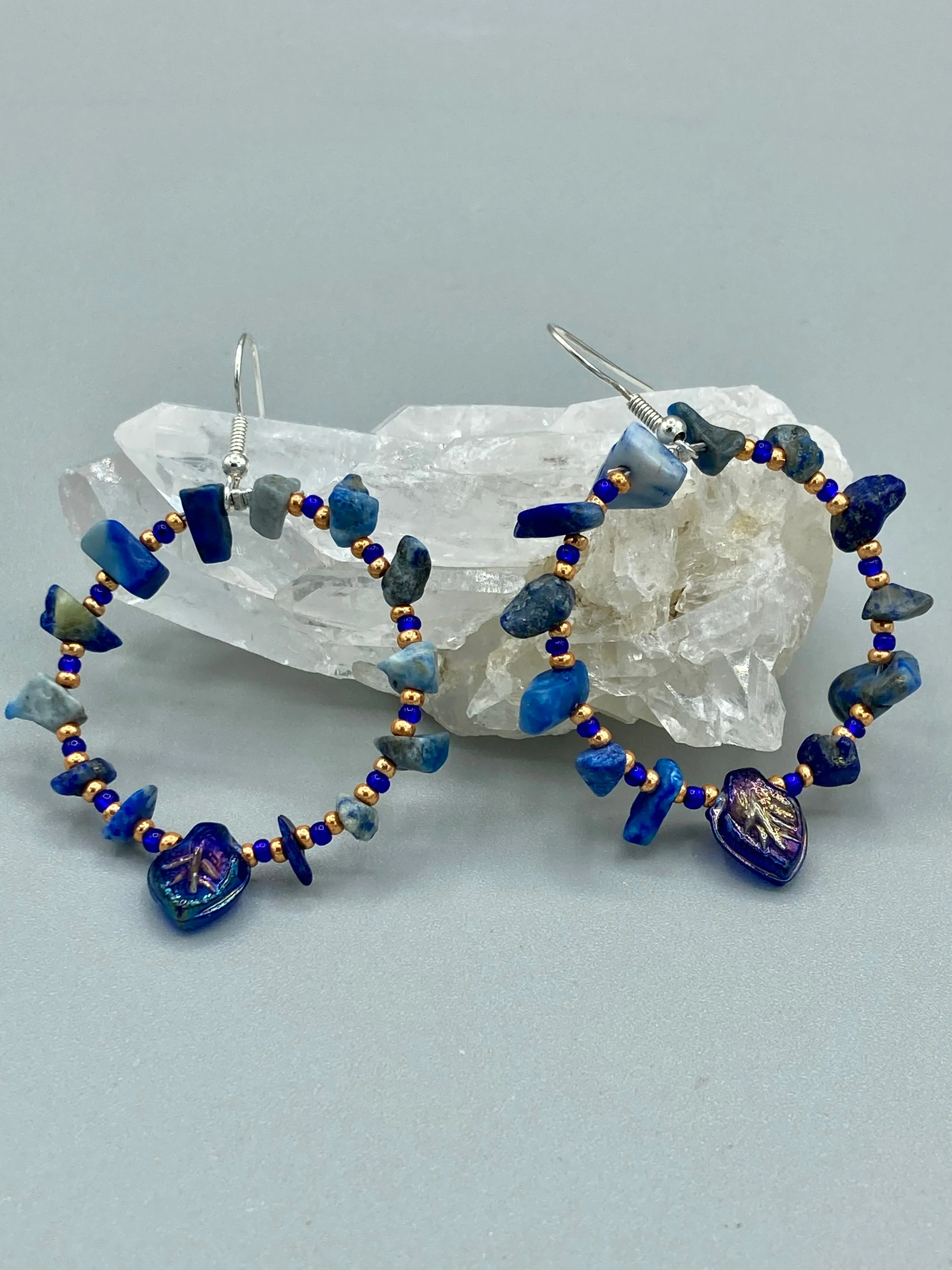 Lapis Stone Chip Beaded Hoop Earrings, Hippie Vibe, Shabby Chic, Boho Chic, Nature Inspired, Bohemian