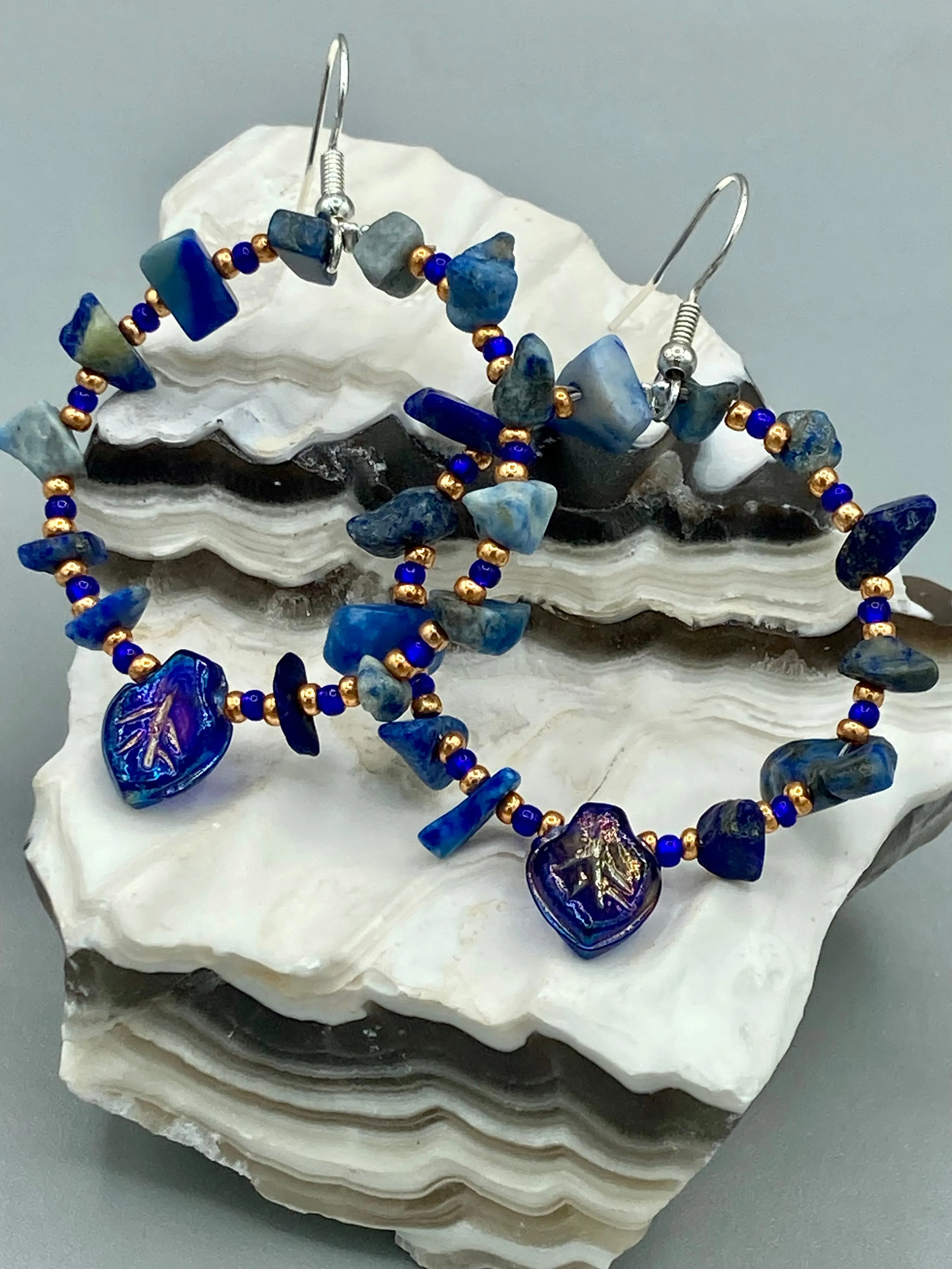 Lapis Stone Chip Beaded Hoop Earrings, Hippie Vibe, Shabby Chic, Boho Chic, Nature Inspired, Bohemian