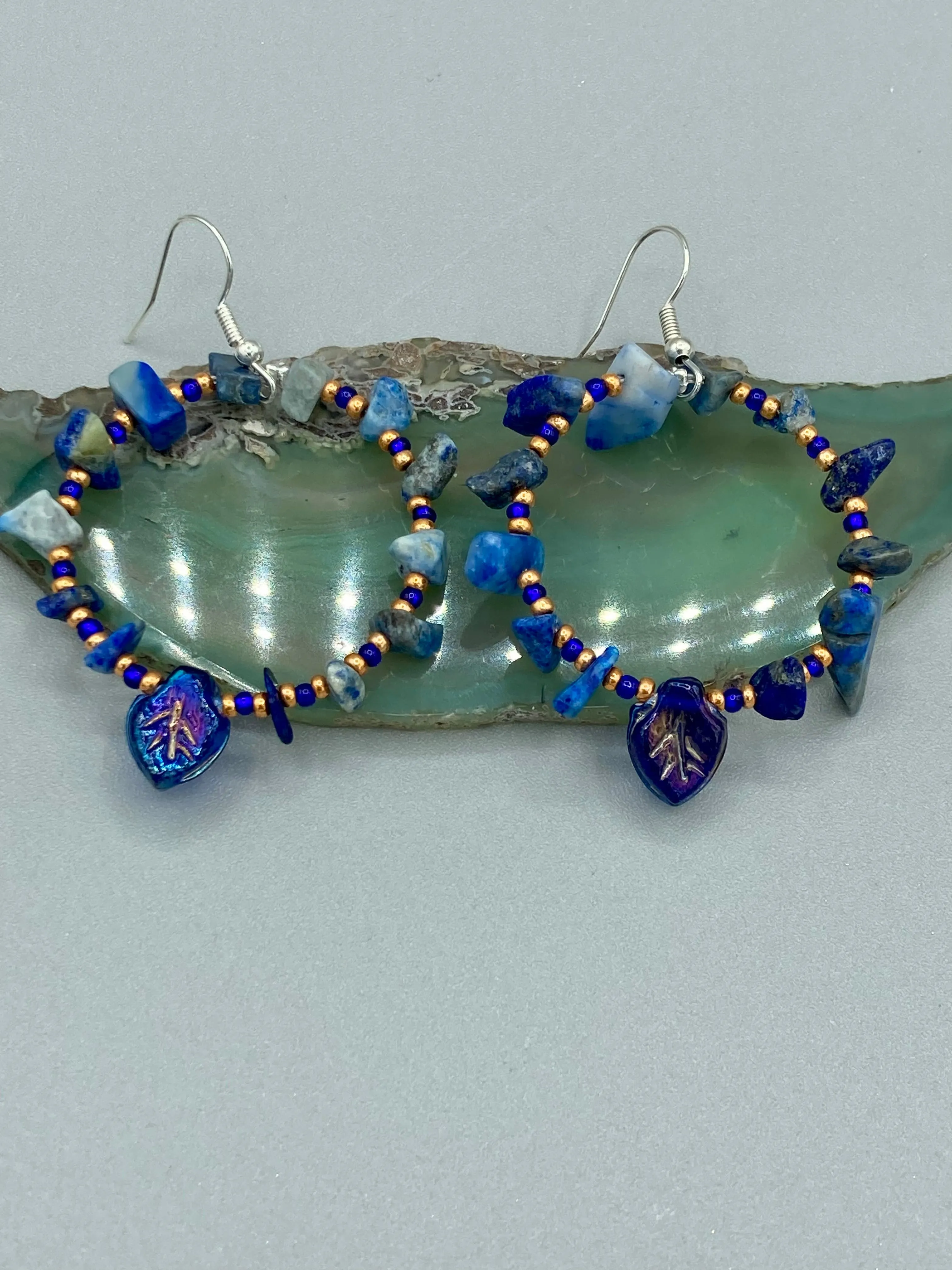 Lapis Stone Chip Beaded Hoop Earrings, Hippie Vibe, Shabby Chic, Boho Chic, Nature Inspired, Bohemian