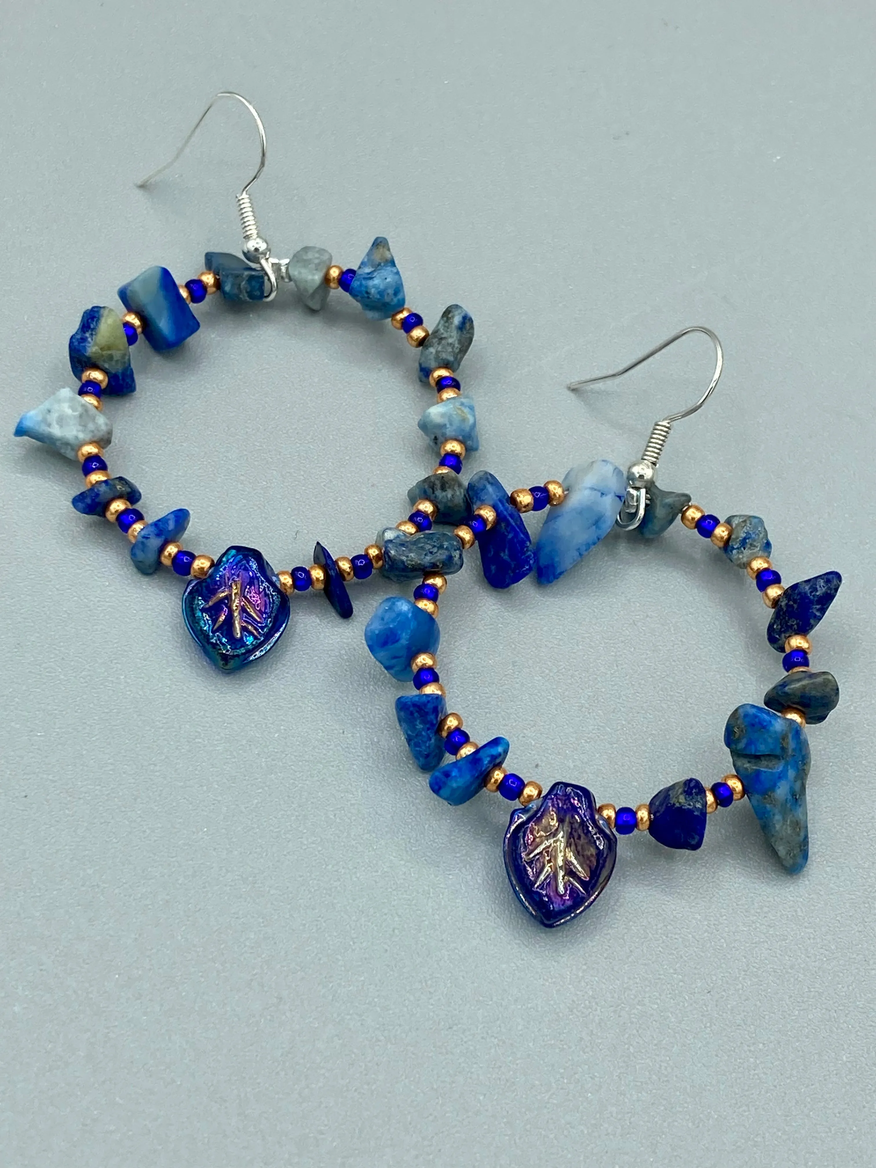 Lapis Stone Chip Beaded Hoop Earrings, Hippie Vibe, Shabby Chic, Boho Chic, Nature Inspired, Bohemian