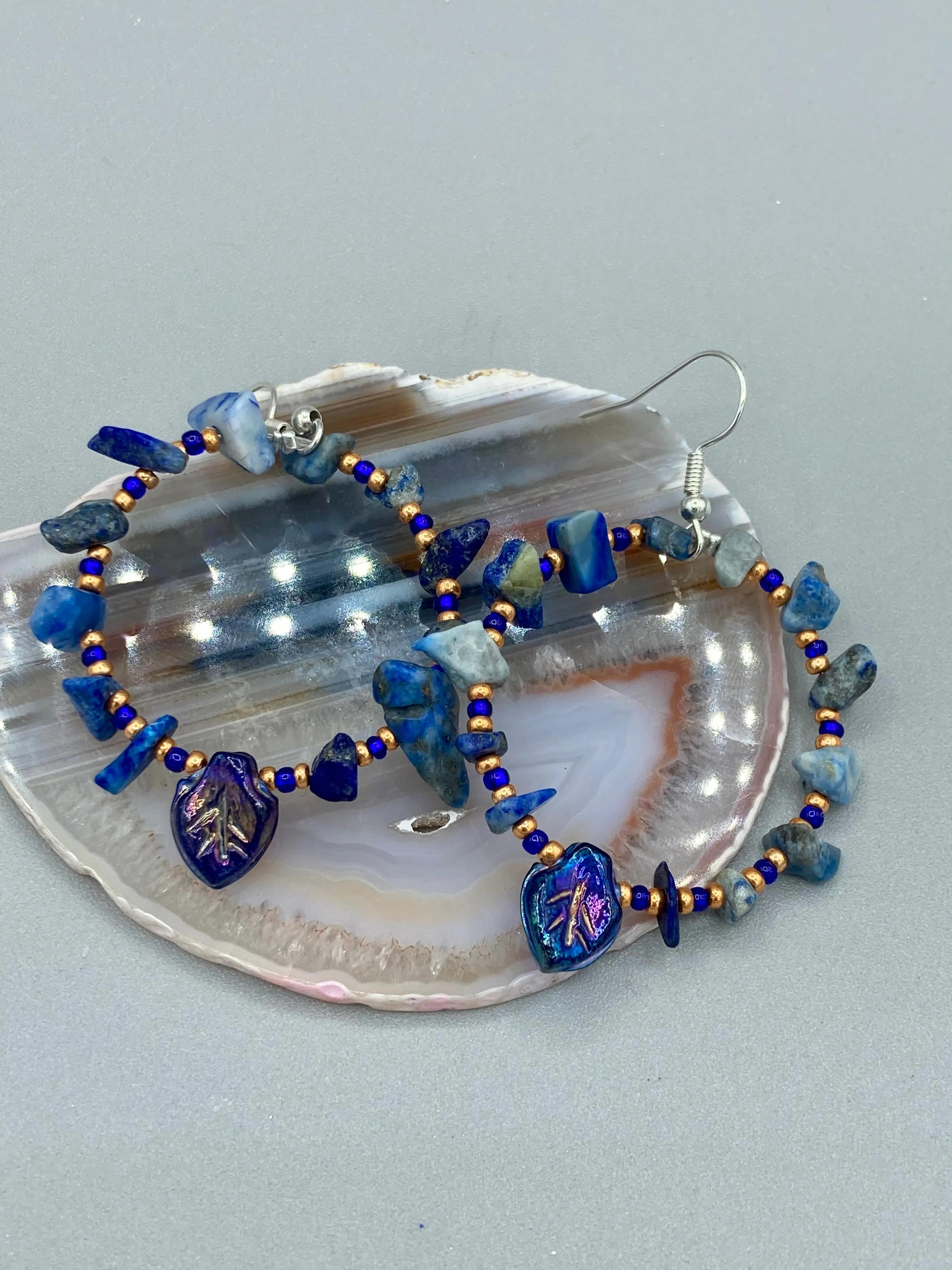 Lapis Stone Chip Beaded Hoop Earrings, Hippie Vibe, Shabby Chic, Boho Chic, Nature Inspired, Bohemian
