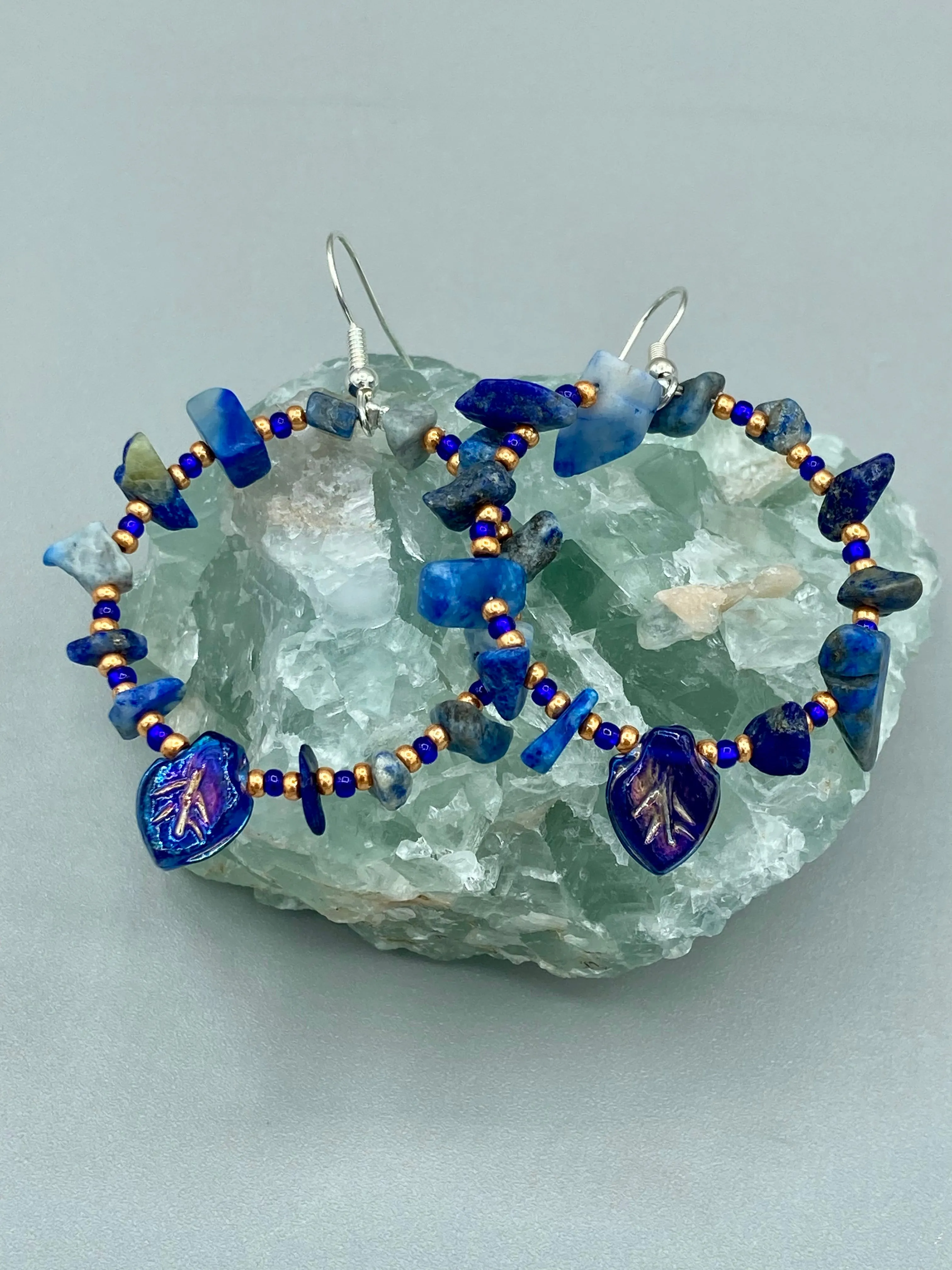Lapis Stone Chip Beaded Hoop Earrings, Hippie Vibe, Shabby Chic, Boho Chic, Nature Inspired, Bohemian