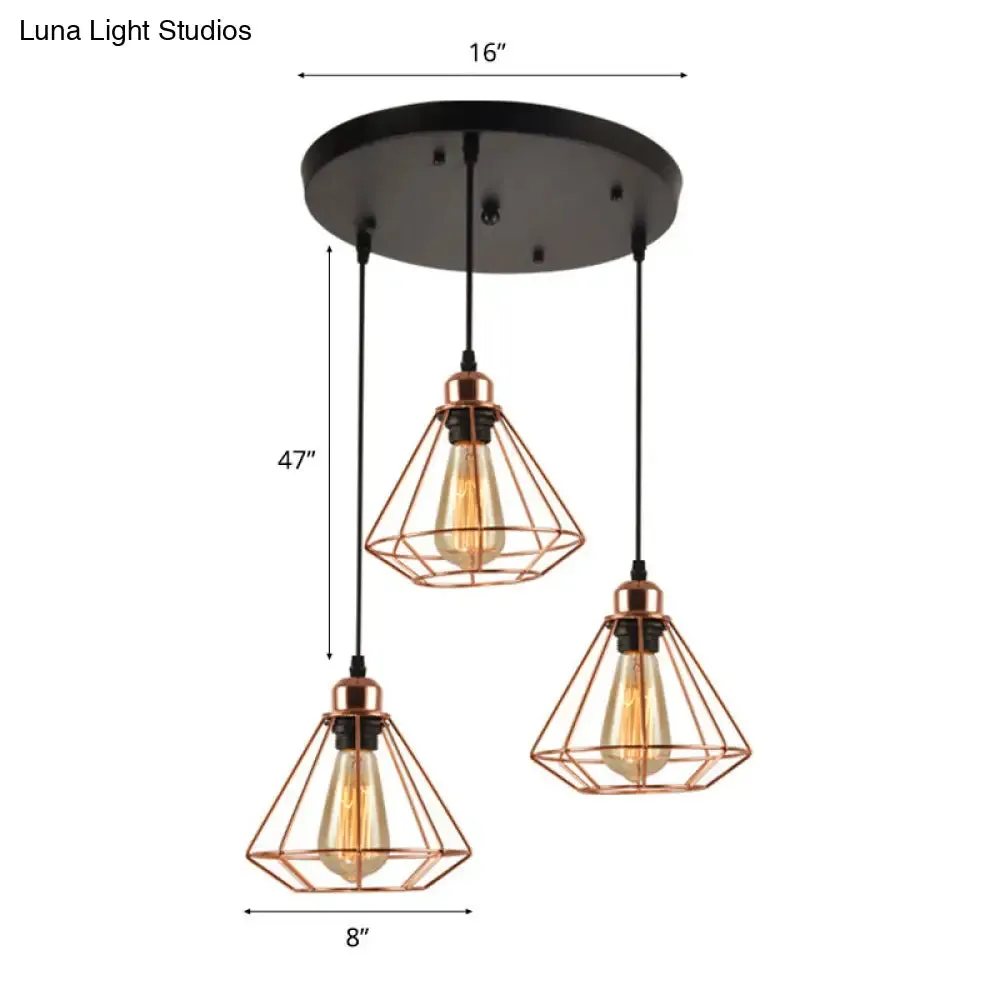 Loft Style Copper Diamond Caged Pendant Lamp - 3 Lights, Black Finish