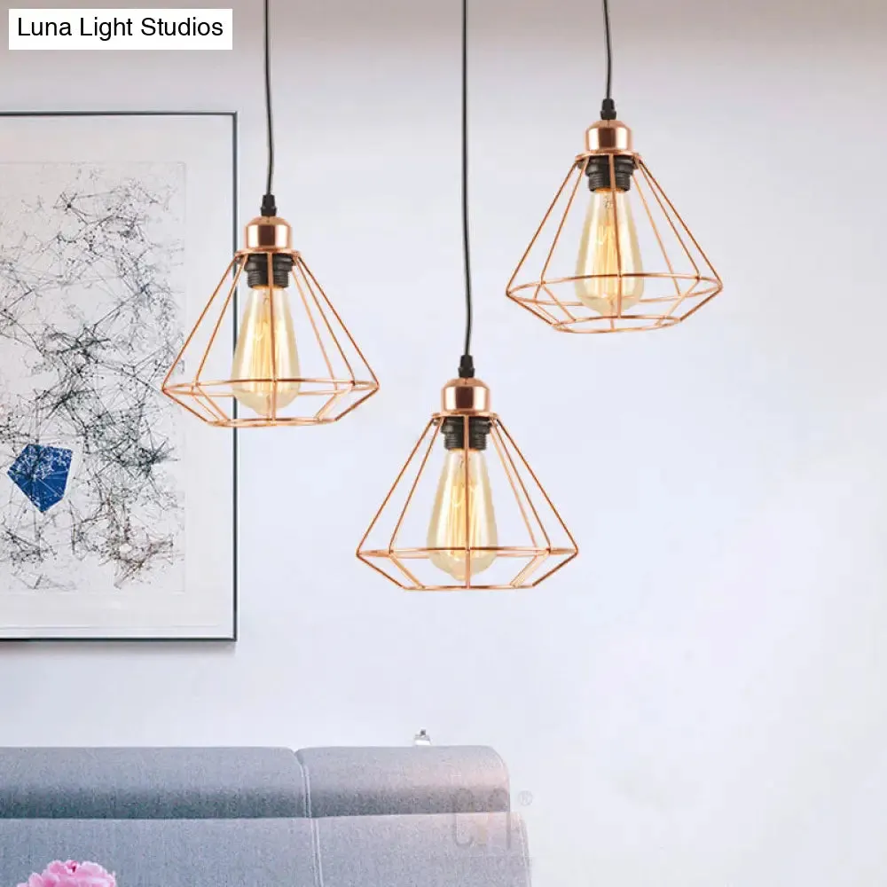 Loft Style Copper Diamond Caged Pendant Lamp - 3 Lights, Black Finish