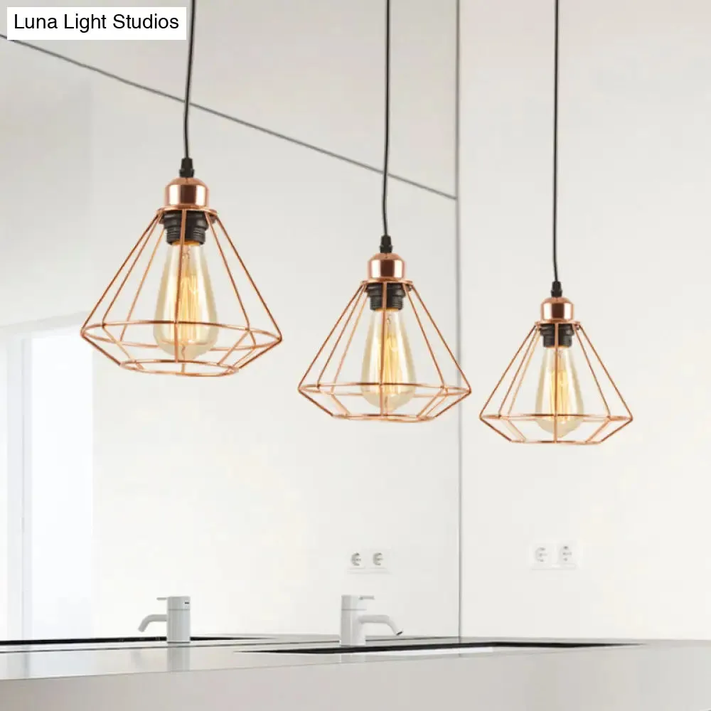 Loft Style Copper Diamond Caged Pendant Lamp - 3 Lights, Black Finish