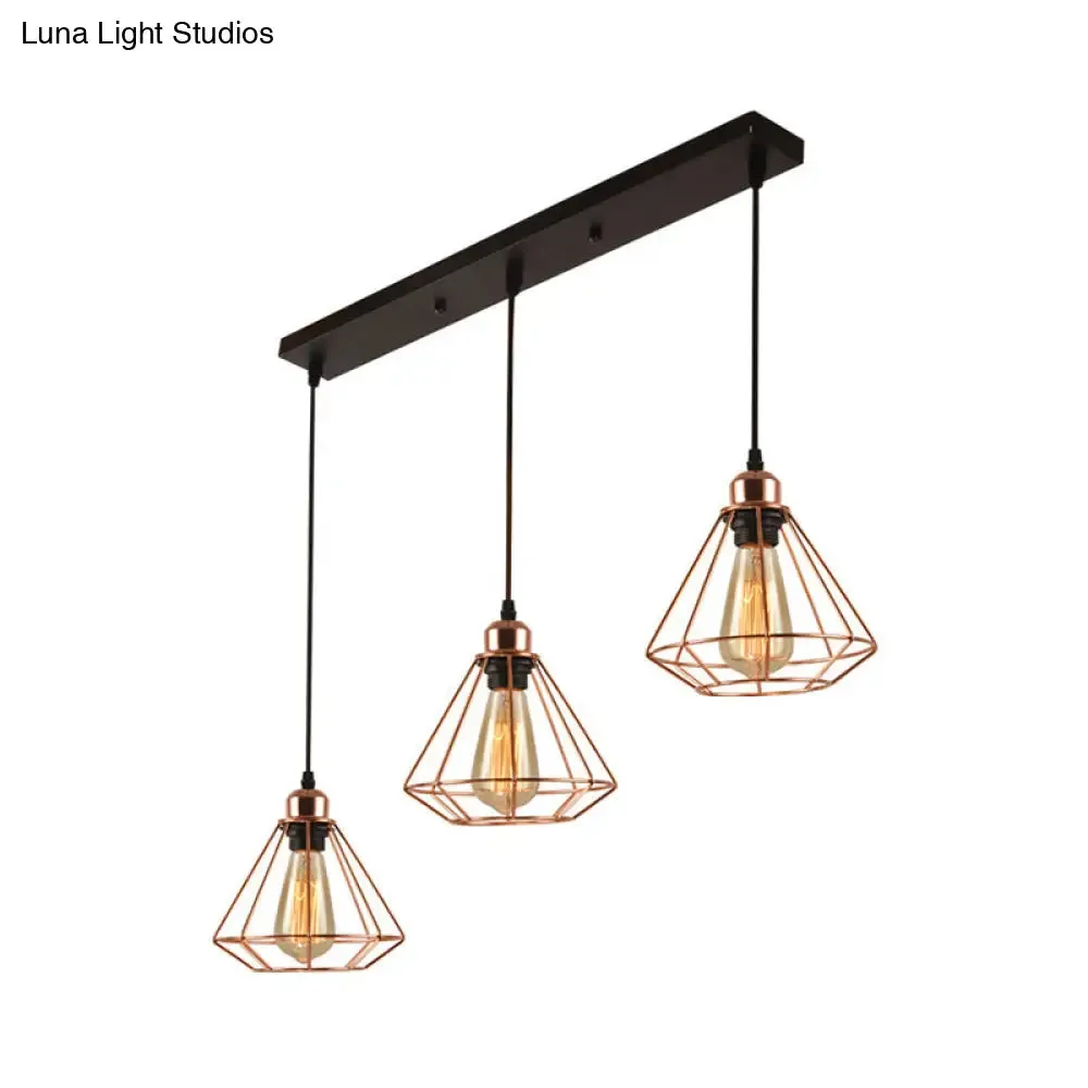 Loft Style Copper Diamond Caged Pendant Lamp - 3 Lights, Black Finish