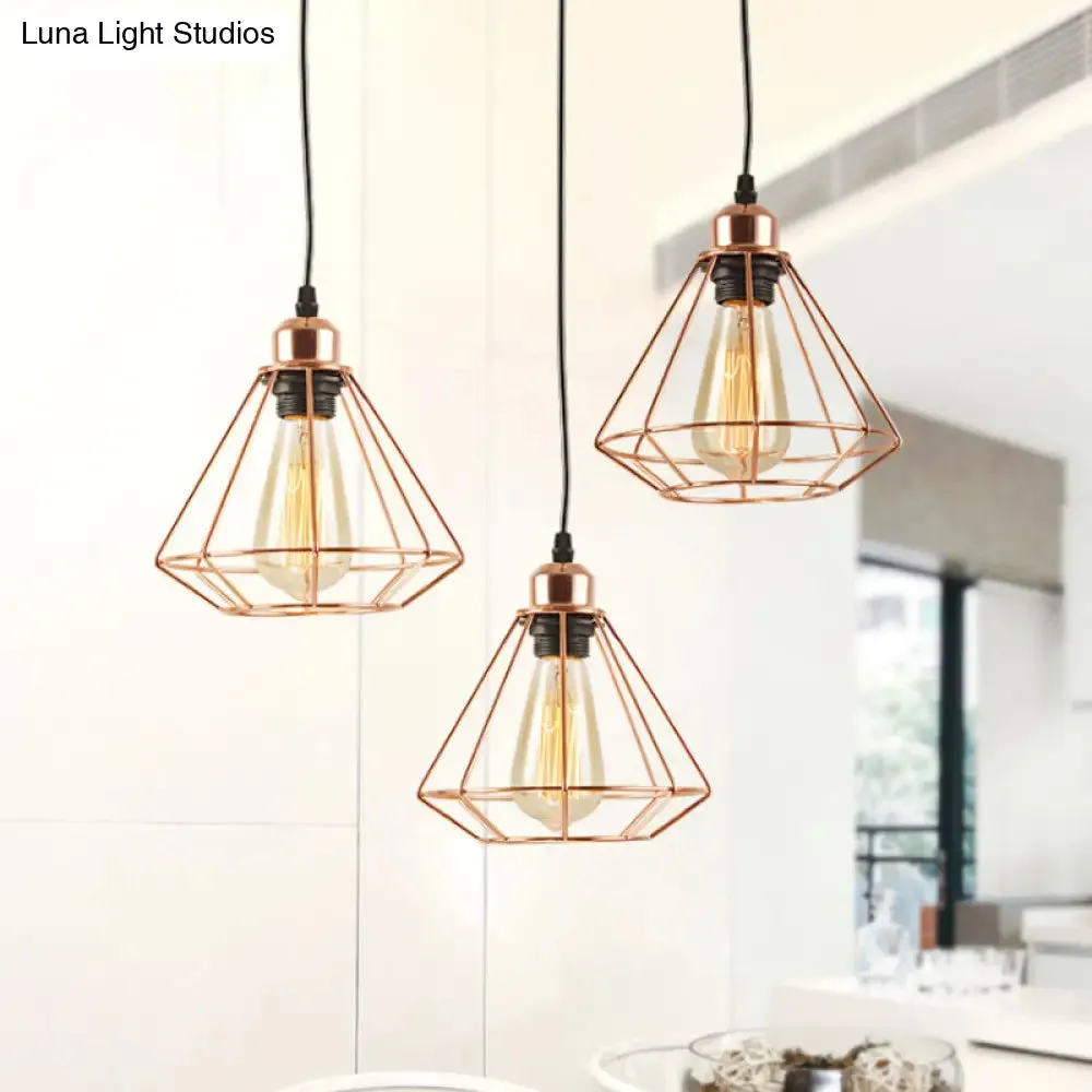 Loft Style Copper Diamond Caged Pendant Lamp - 3 Lights, Black Finish
