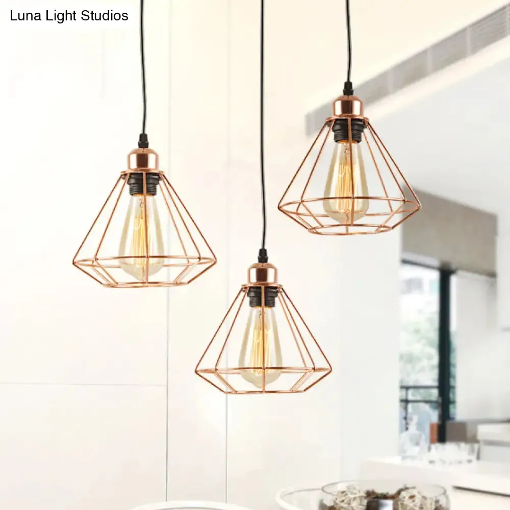 Loft Style Copper Diamond Caged Pendant Lamp - 3 Lights, Black Finish