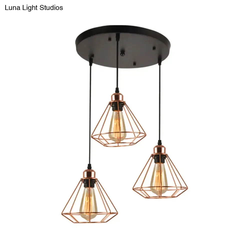 Loft Style Copper Diamond Caged Pendant Lamp - 3 Lights, Black Finish