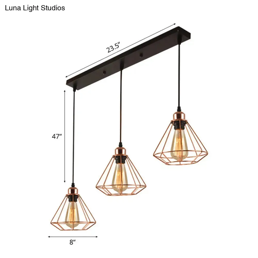 Loft Style Copper Diamond Caged Pendant Lamp - 3 Lights, Black Finish