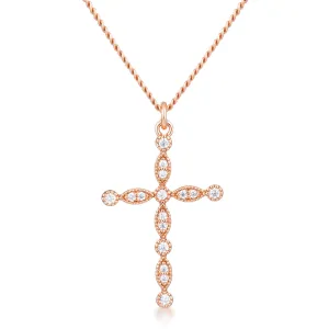 LOVCIA Elegant Rose Gold Plated Vintage Cross Pendant with Clear CZ Stones