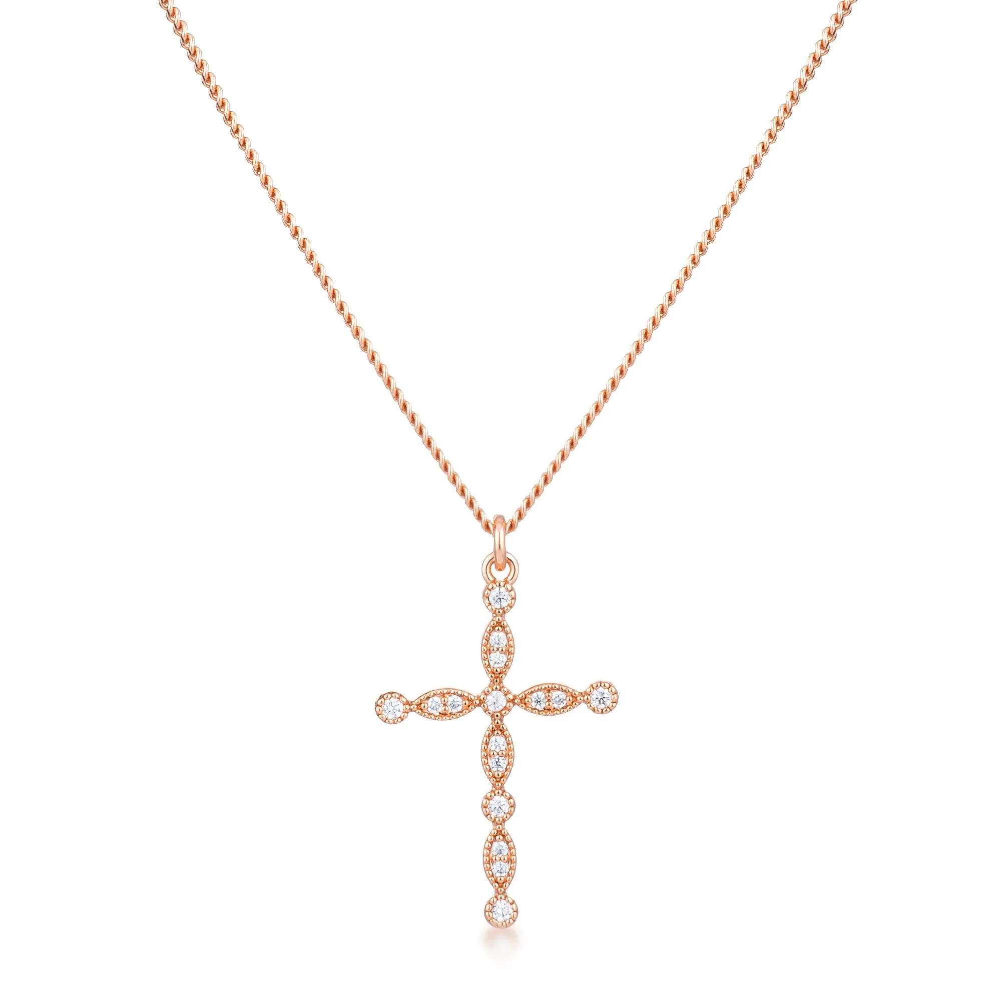 LOVCIA Elegant Rose Gold Plated Vintage Cross Pendant with Clear CZ Stones