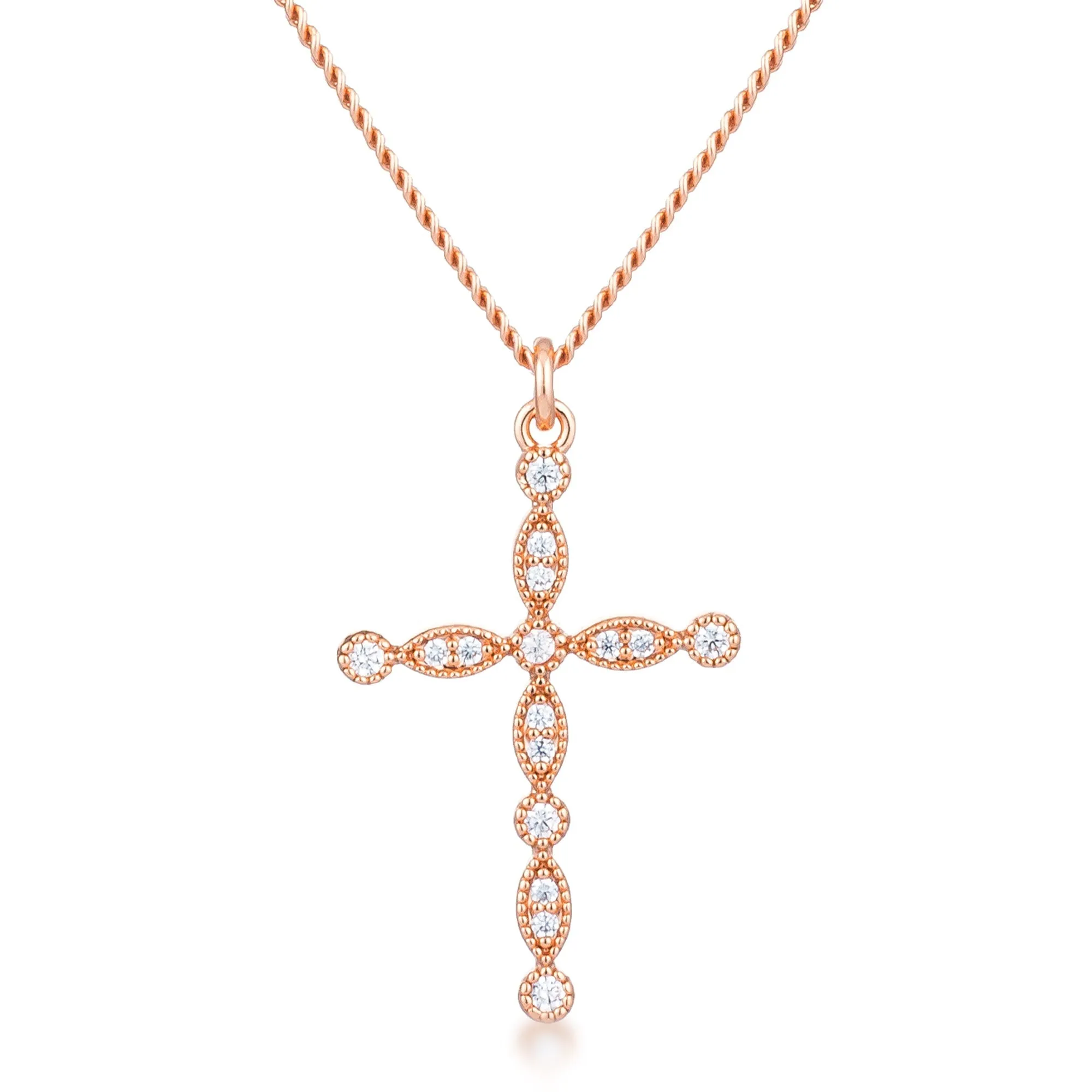 LOVCIA Elegant Rose Gold Plated Vintage Cross Pendant with Clear CZ Stones