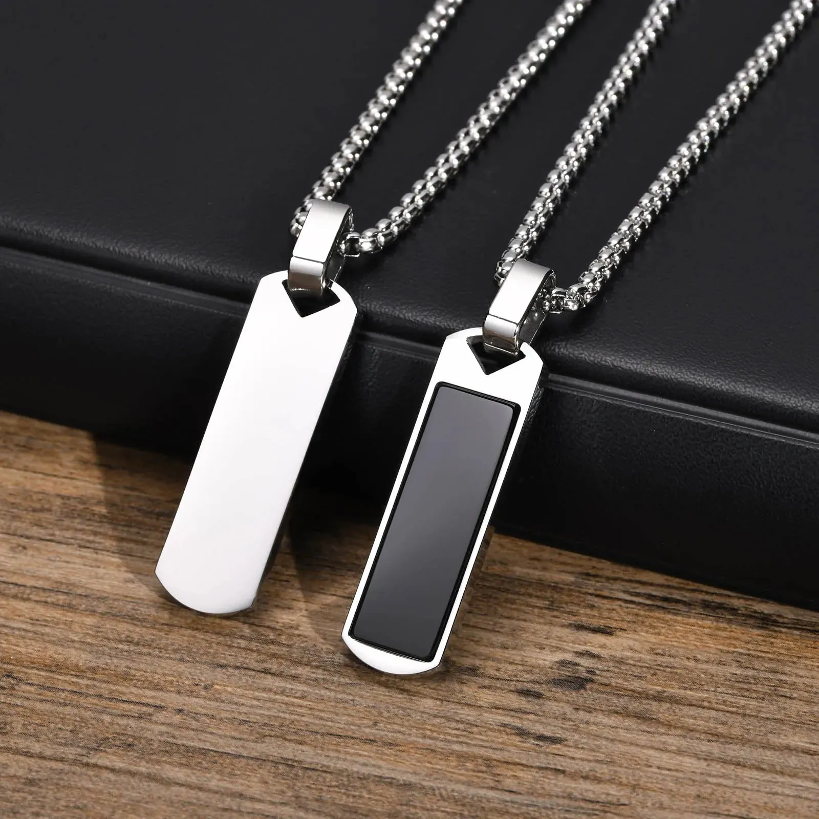 Men Geometric Bar Necklaces, Black Enamel Natural Stone Pendant