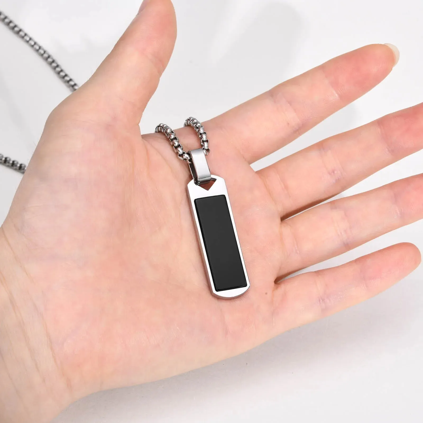 Men Geometric Bar Necklaces, Black Enamel Natural Stone Pendant