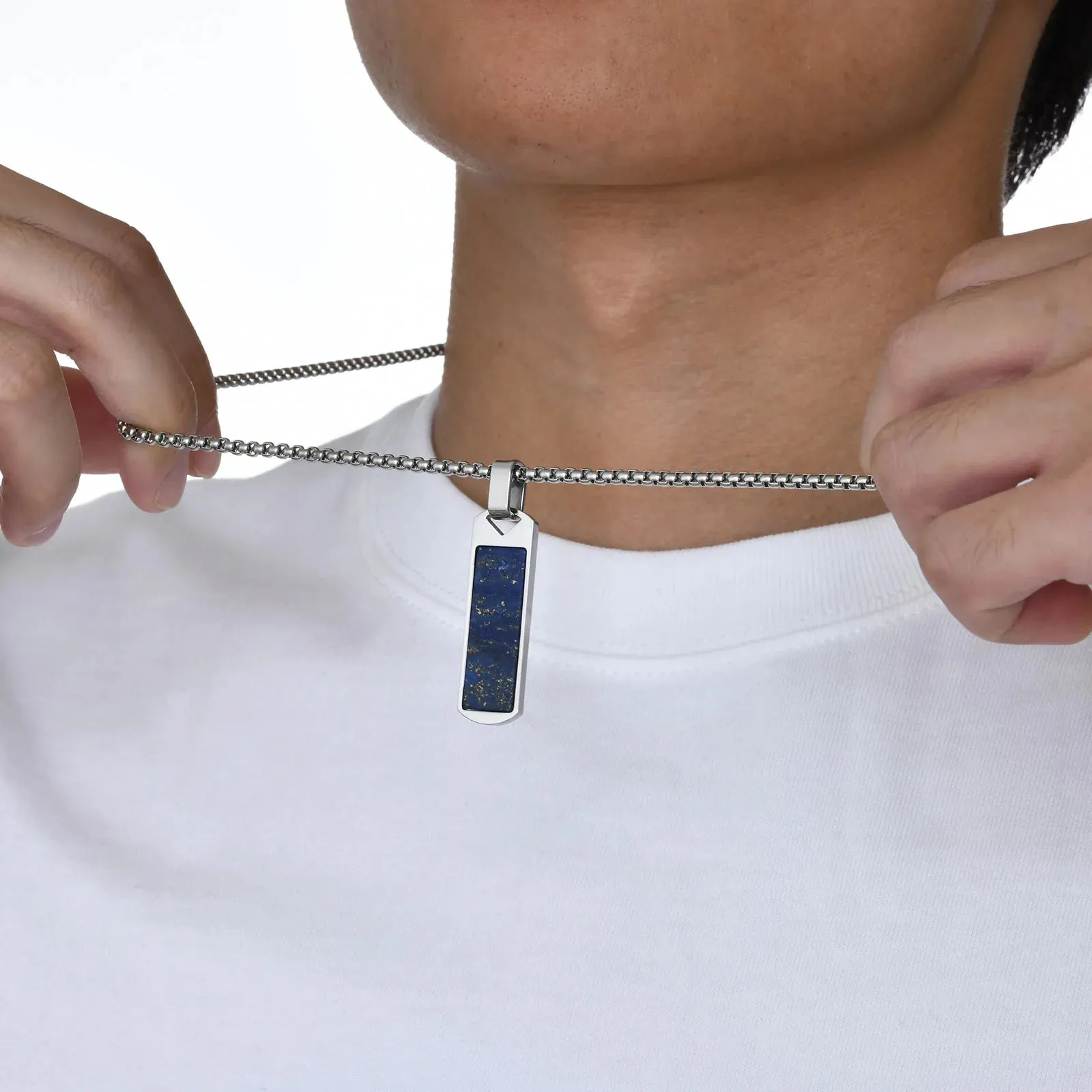 Men Geometric Bar Necklaces, Black Enamel Natural Stone Pendant