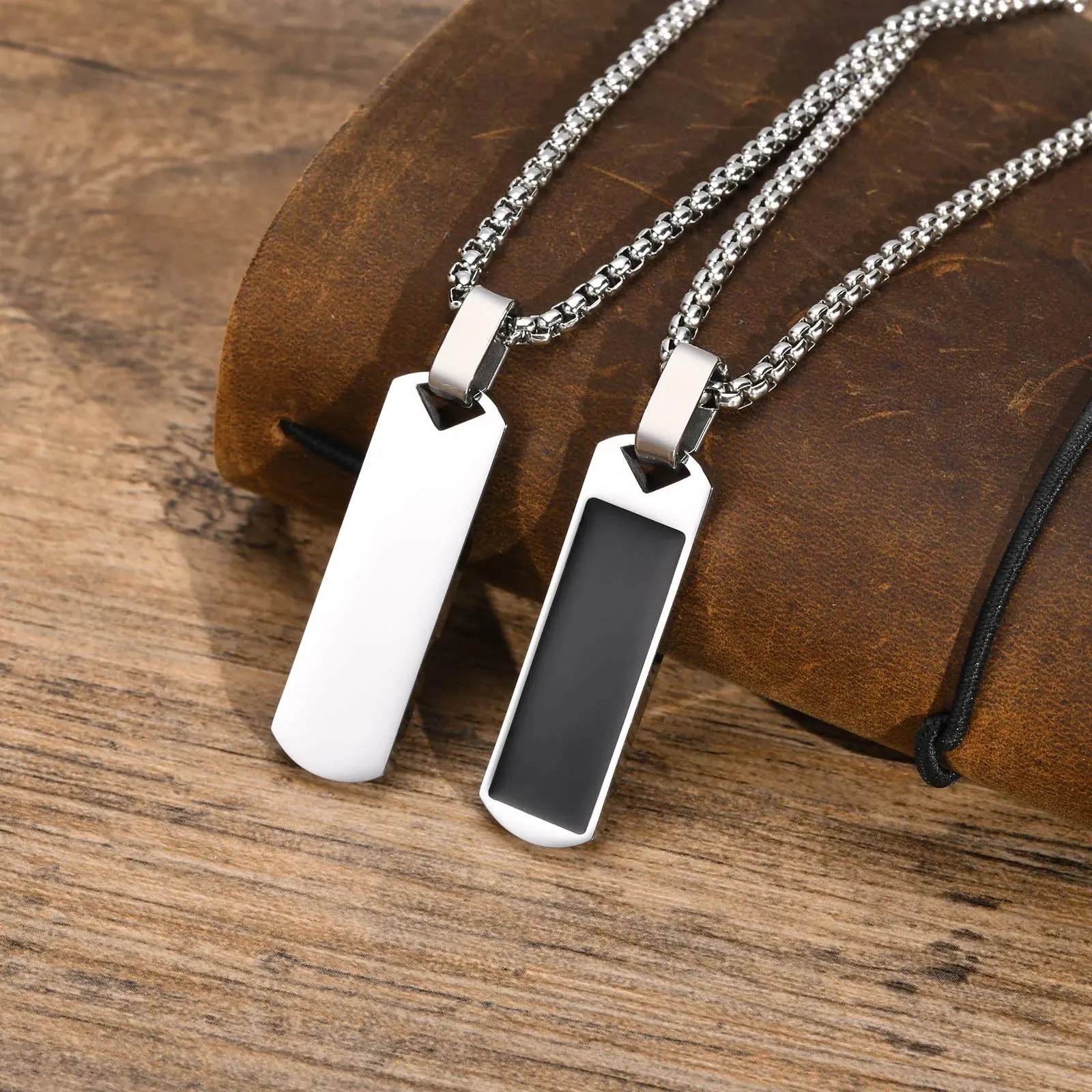 Men Geometric Bar Necklaces, Black Enamel Natural Stone Pendant