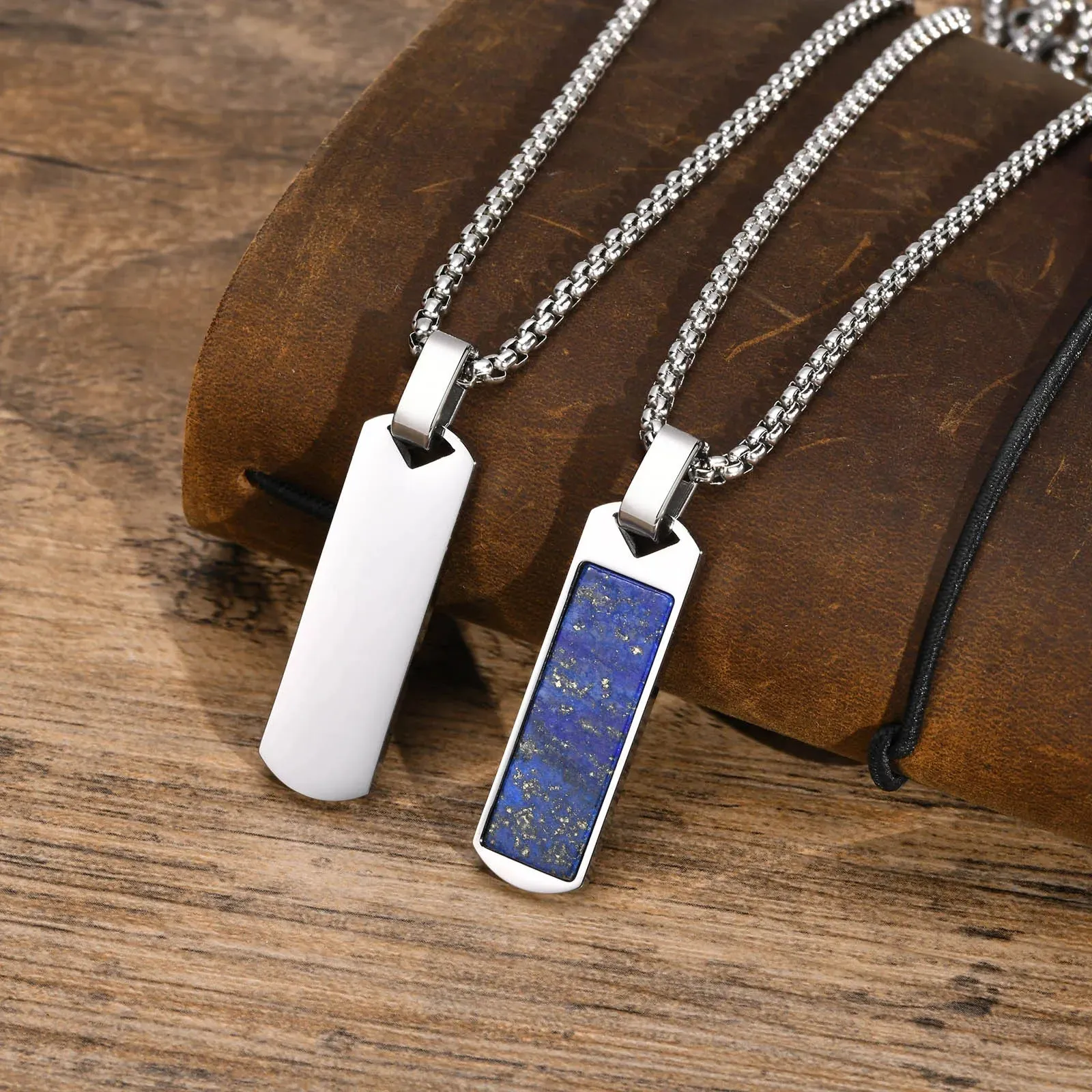 Men Geometric Bar Necklaces, Black Enamel Natural Stone Pendant