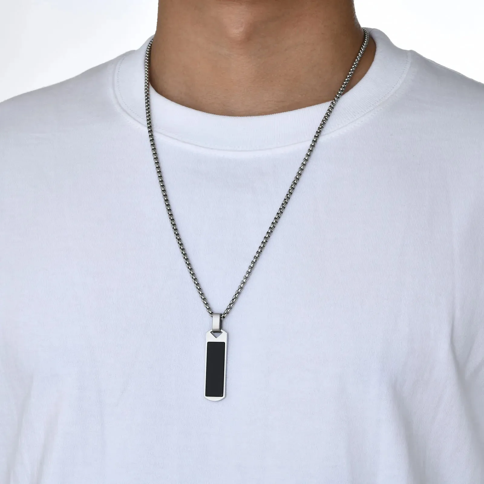 Men Geometric Bar Necklaces, Black Enamel Natural Stone Pendant