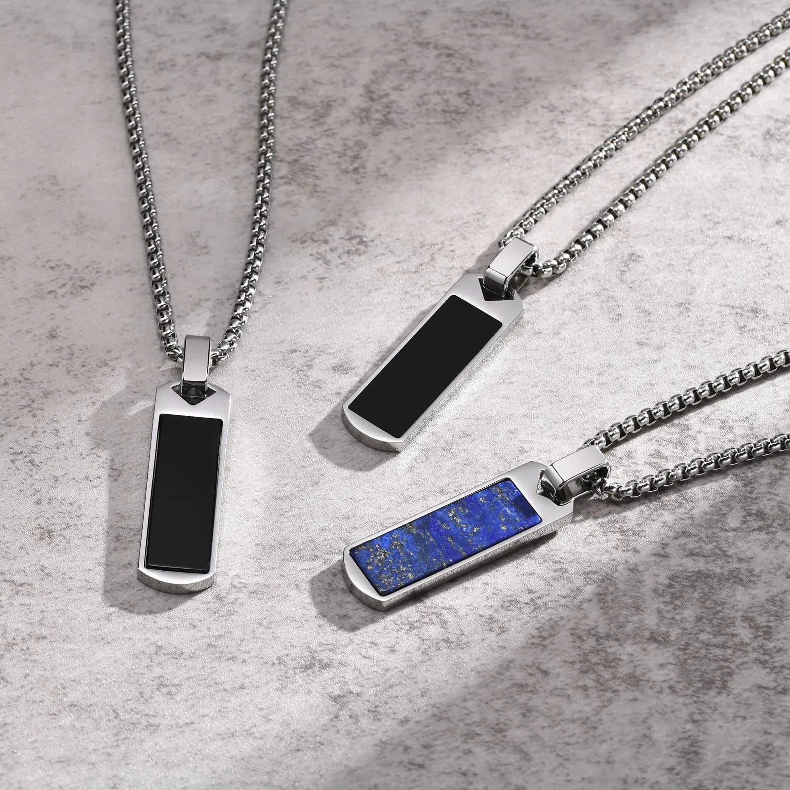 Men Geometric Bar Necklaces, Black Enamel Natural Stone Pendant