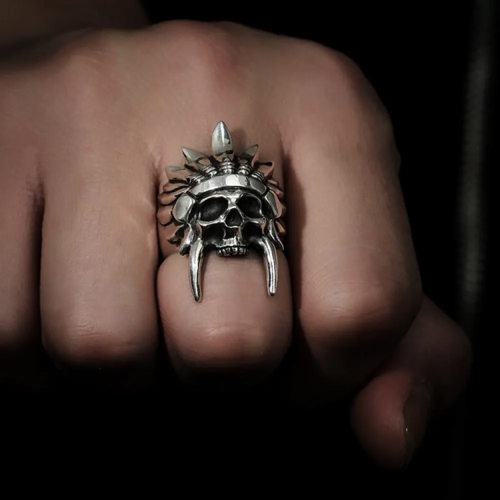 Mens Silver Color 316L Stainless Steel African Tribal Chief Chieftain Skull Rings