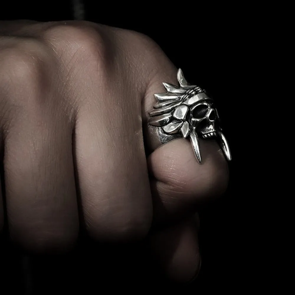 Mens Silver Color 316L Stainless Steel African Tribal Chief Chieftain Skull Rings