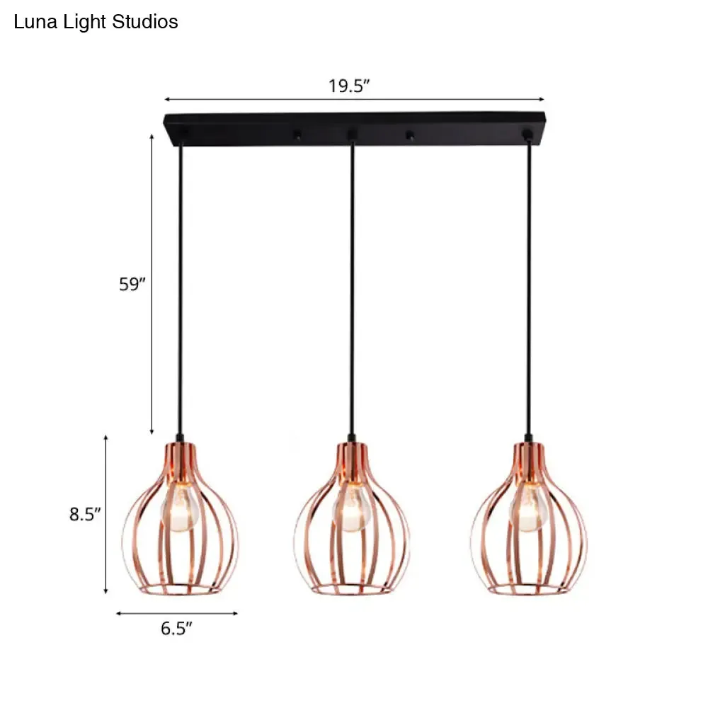Metallic Rose Gold Pendant Lighting - Industrial Style Ceiling Light Fixture with Cage Shade - 3 Lights - Round/Linear Canopy