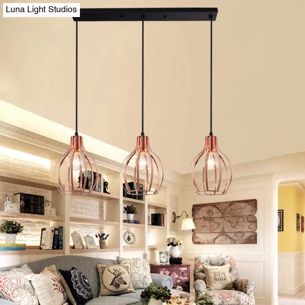 Metallic Rose Gold Pendant Lighting - Industrial Style Ceiling Light Fixture with Cage Shade - 3 Lights - Round/Linear Canopy