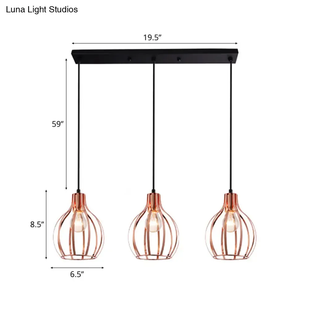 Metallic Rose Gold Pendant Lighting - Industrial Style Ceiling Light Fixture with Cage Shade - 3 Lights - Round/Linear Canopy
