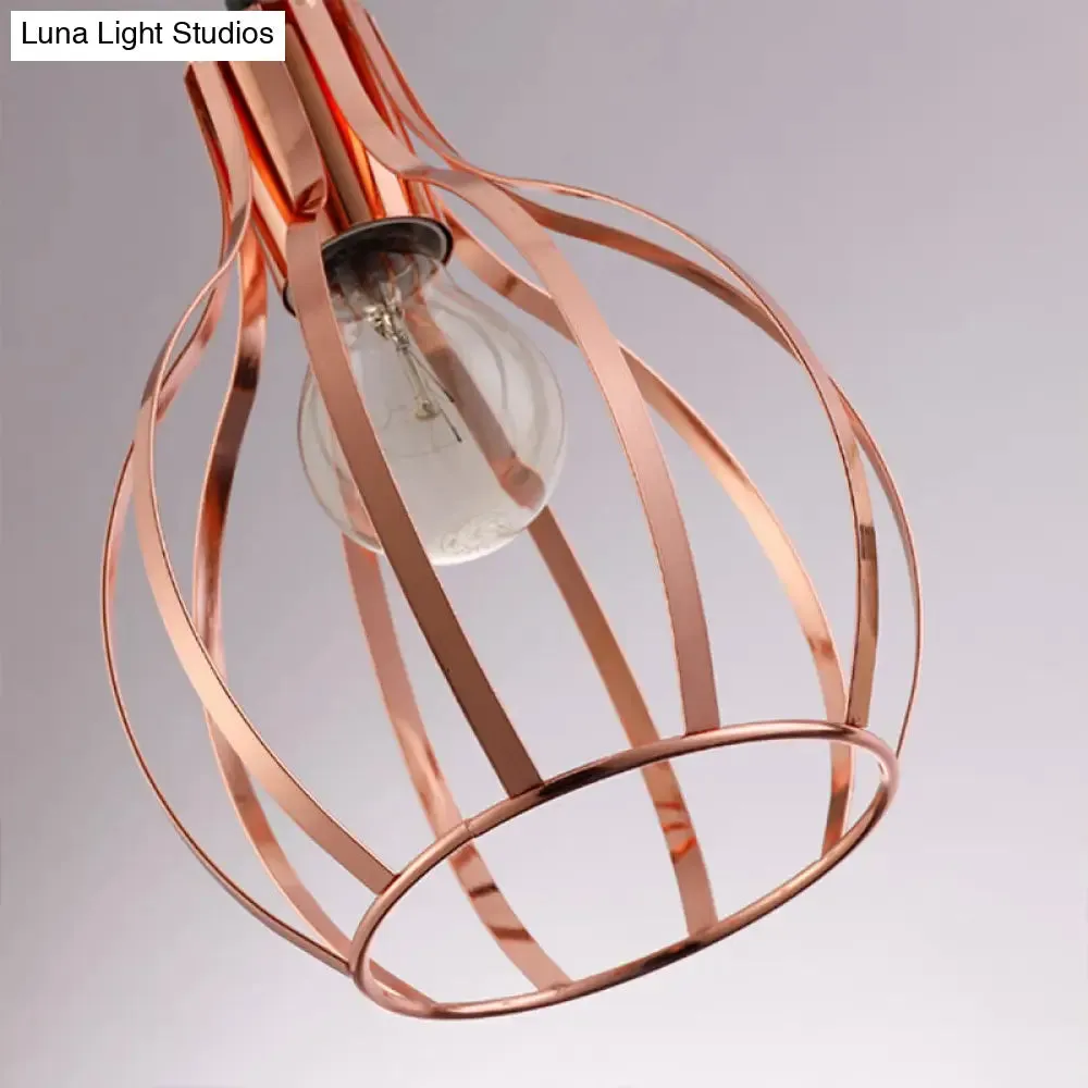 Metallic Rose Gold Pendant Lighting - Industrial Style Ceiling Light Fixture with Cage Shade - 3 Lights - Round/Linear Canopy