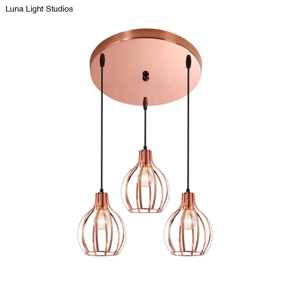 Metallic Rose Gold Pendant Lighting - Industrial Style Ceiling Light Fixture with Cage Shade - 3 Lights - Round/Linear Canopy