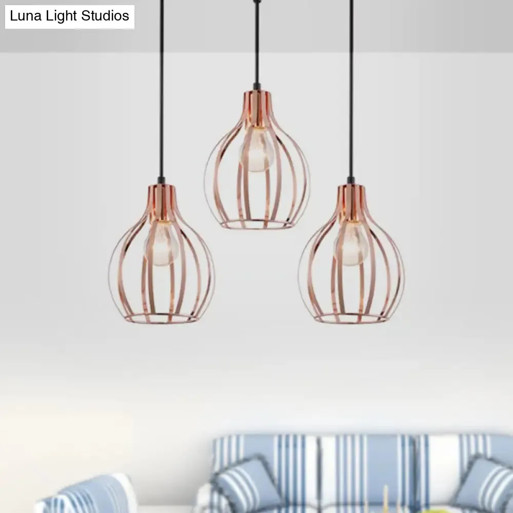 Metallic Rose Gold Pendant Lighting - Industrial Style Ceiling Light Fixture with Cage Shade - 3 Lights - Round/Linear Canopy