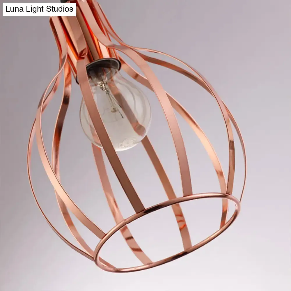 Metallic Rose Gold Pendant Lighting - Industrial Style Ceiling Light Fixture with Cage Shade - 3 Lights - Round/Linear Canopy