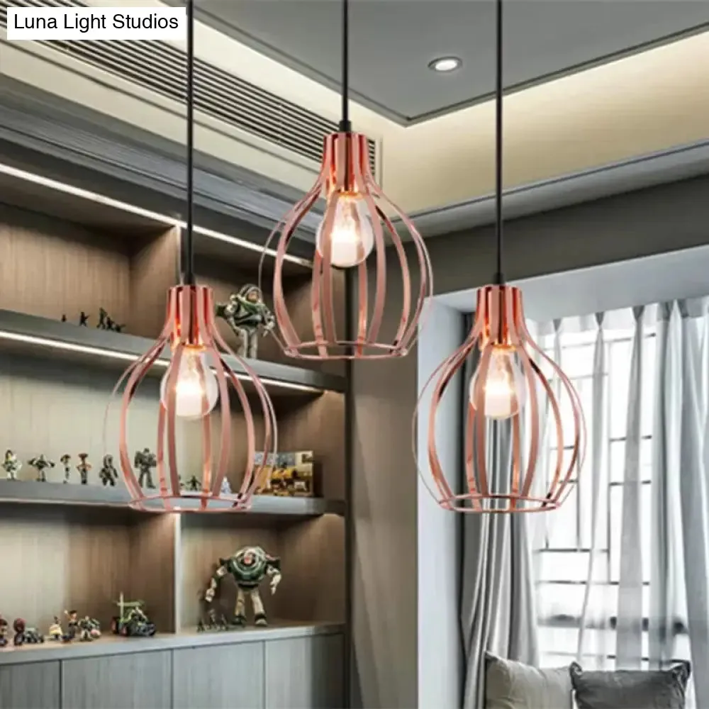 Metallic Rose Gold Pendant Lighting - Industrial Style Ceiling Light Fixture with Cage Shade - 3 Lights - Round/Linear Canopy
