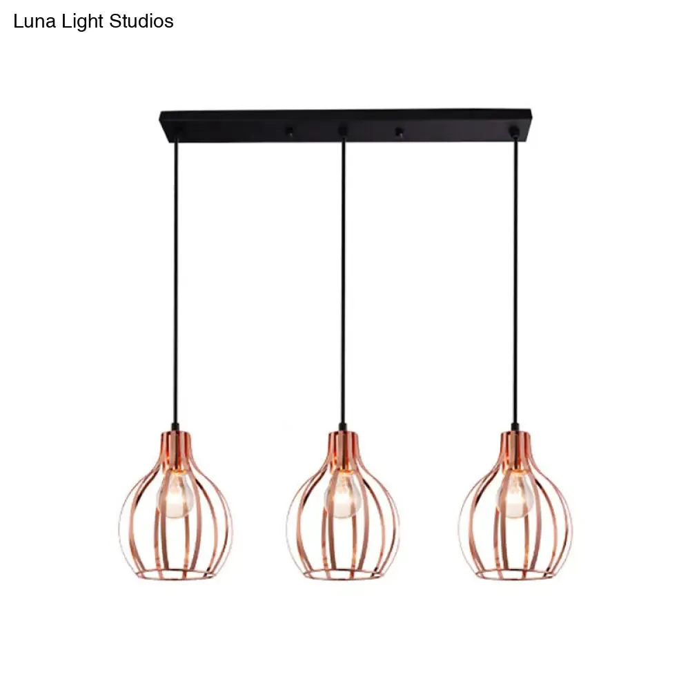 Metallic Rose Gold Pendant Lighting - Industrial Style Ceiling Light Fixture with Cage Shade - 3 Lights - Round/Linear Canopy