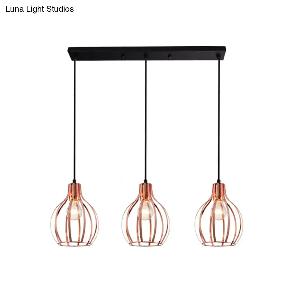 Metallic Rose Gold Pendant Lighting - Industrial Style Ceiling Light Fixture with Cage Shade - 3 Lights - Round/Linear Canopy