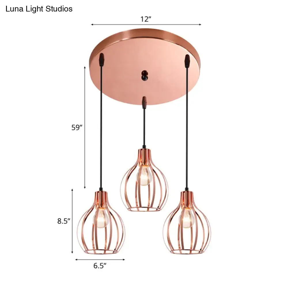 Metallic Rose Gold Pendant Lighting - Industrial Style Ceiling Light Fixture with Cage Shade - 3 Lights - Round/Linear Canopy