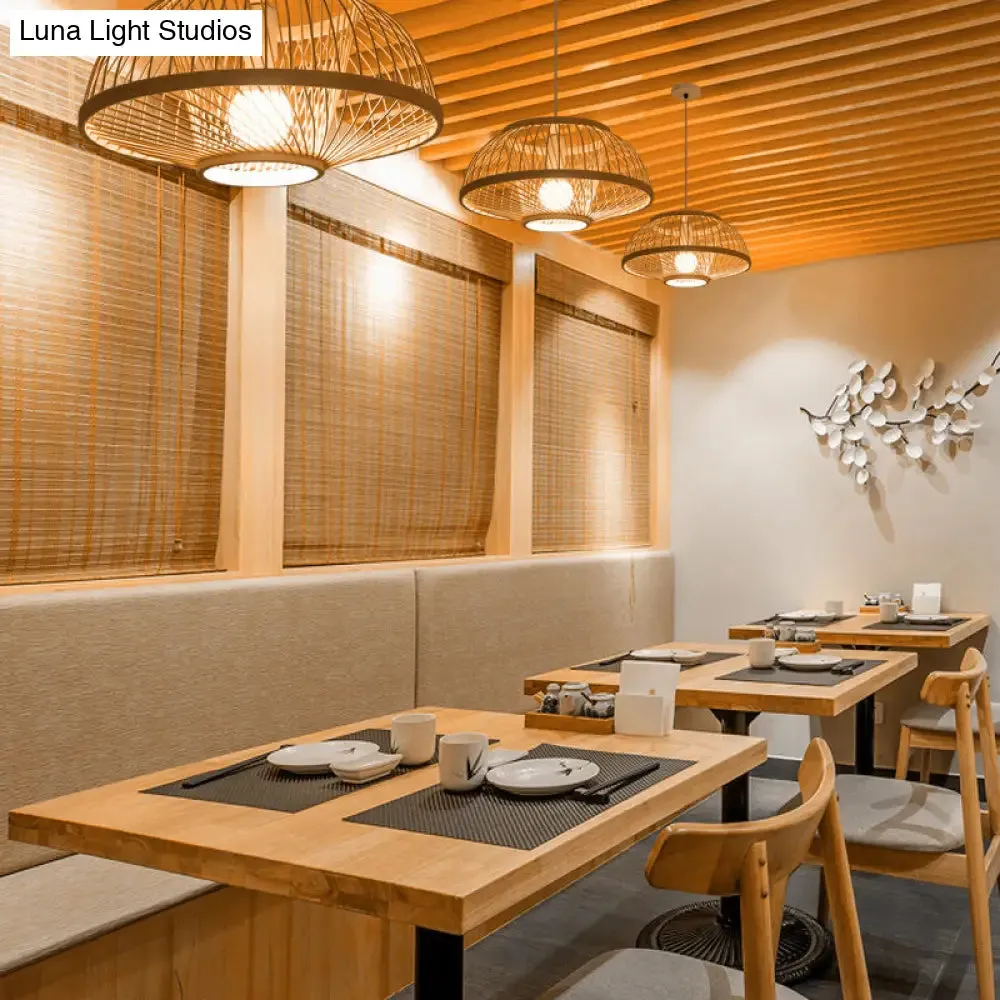 Minimalist Bamboo Woven Hanging Lamp for Restaurants - 1 Bulb Wood Suspension Lighting