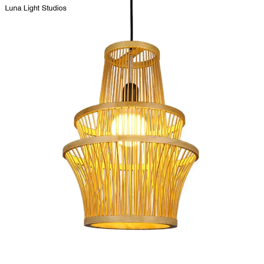 Modern Bamboo Pendant Light - Beige Symmetrical Hanging Lamp