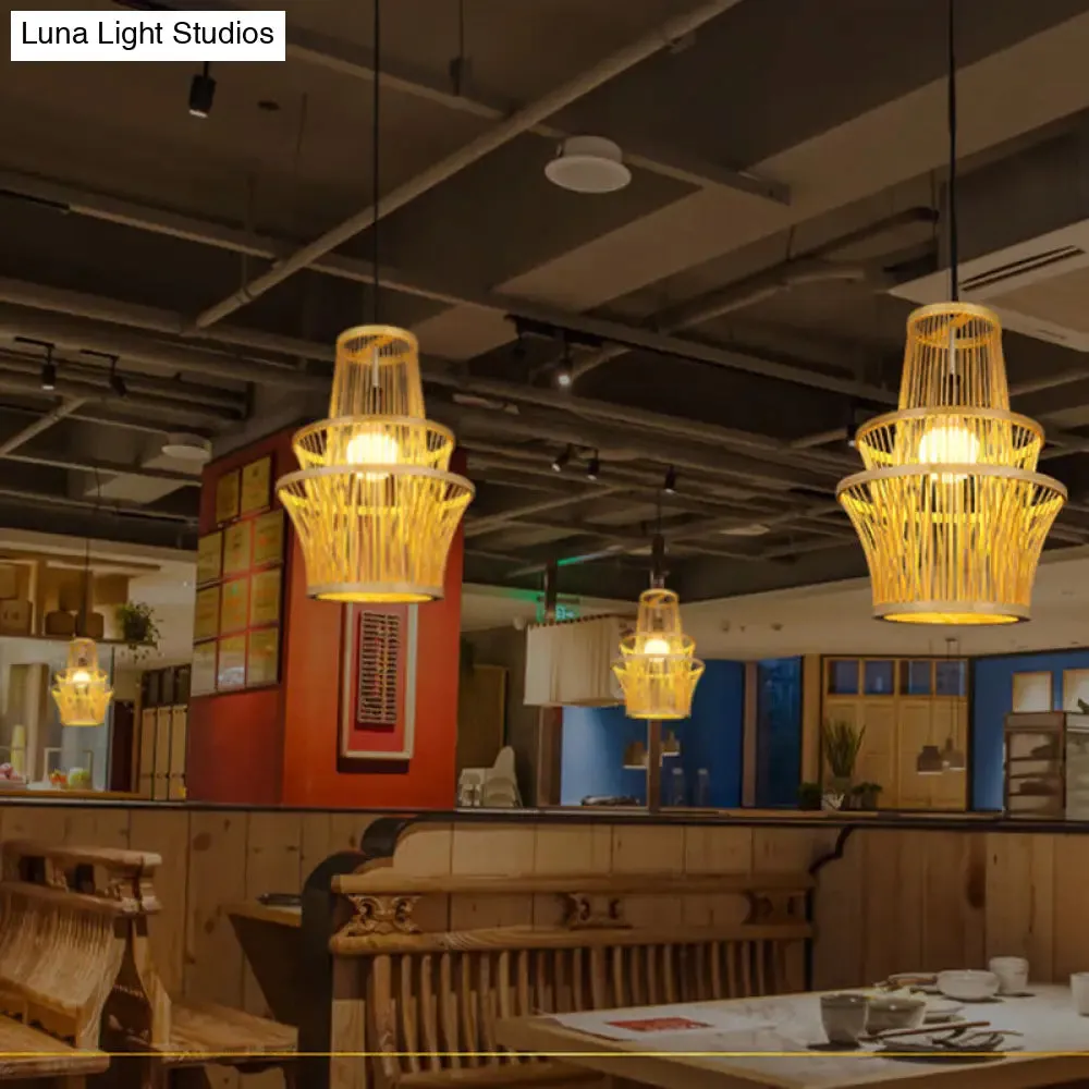 Modern Bamboo Pendant Light - Beige Symmetrical Hanging Lamp