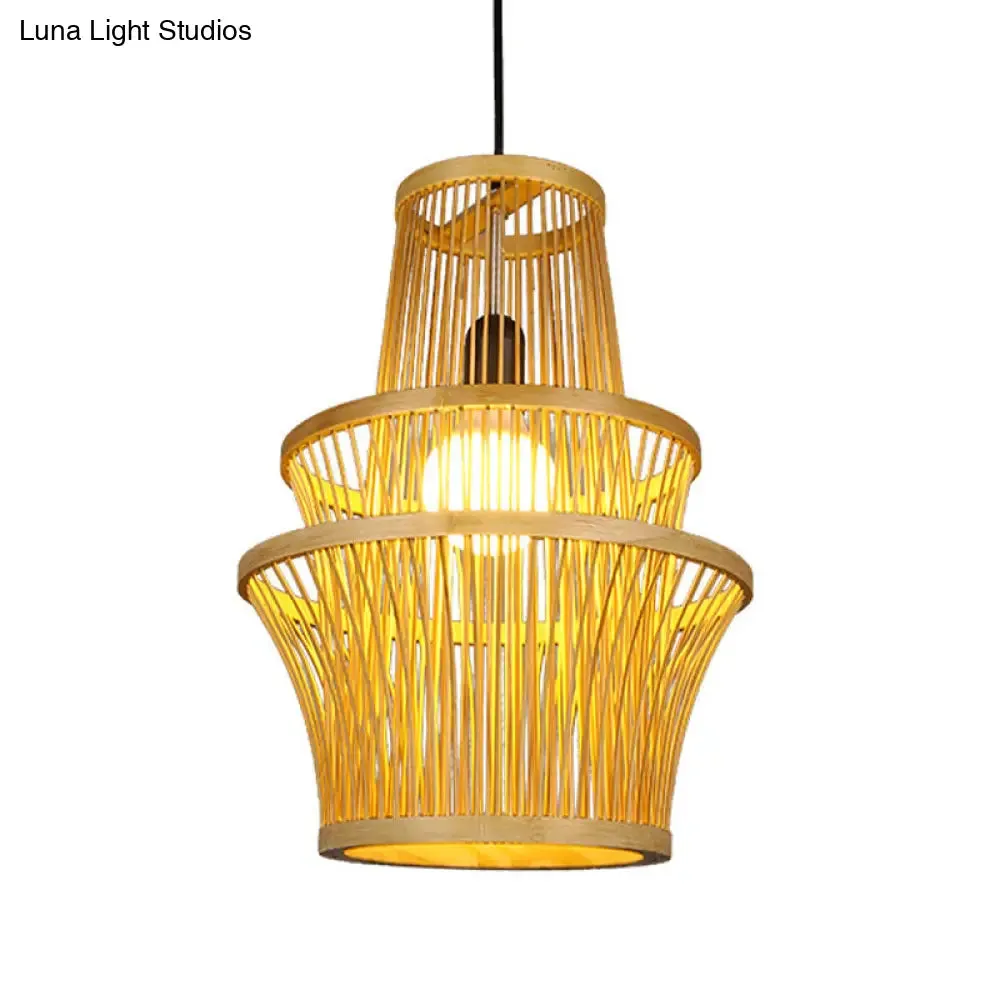 Modern Bamboo Pendant Light - Beige Symmetrical Hanging Lamp