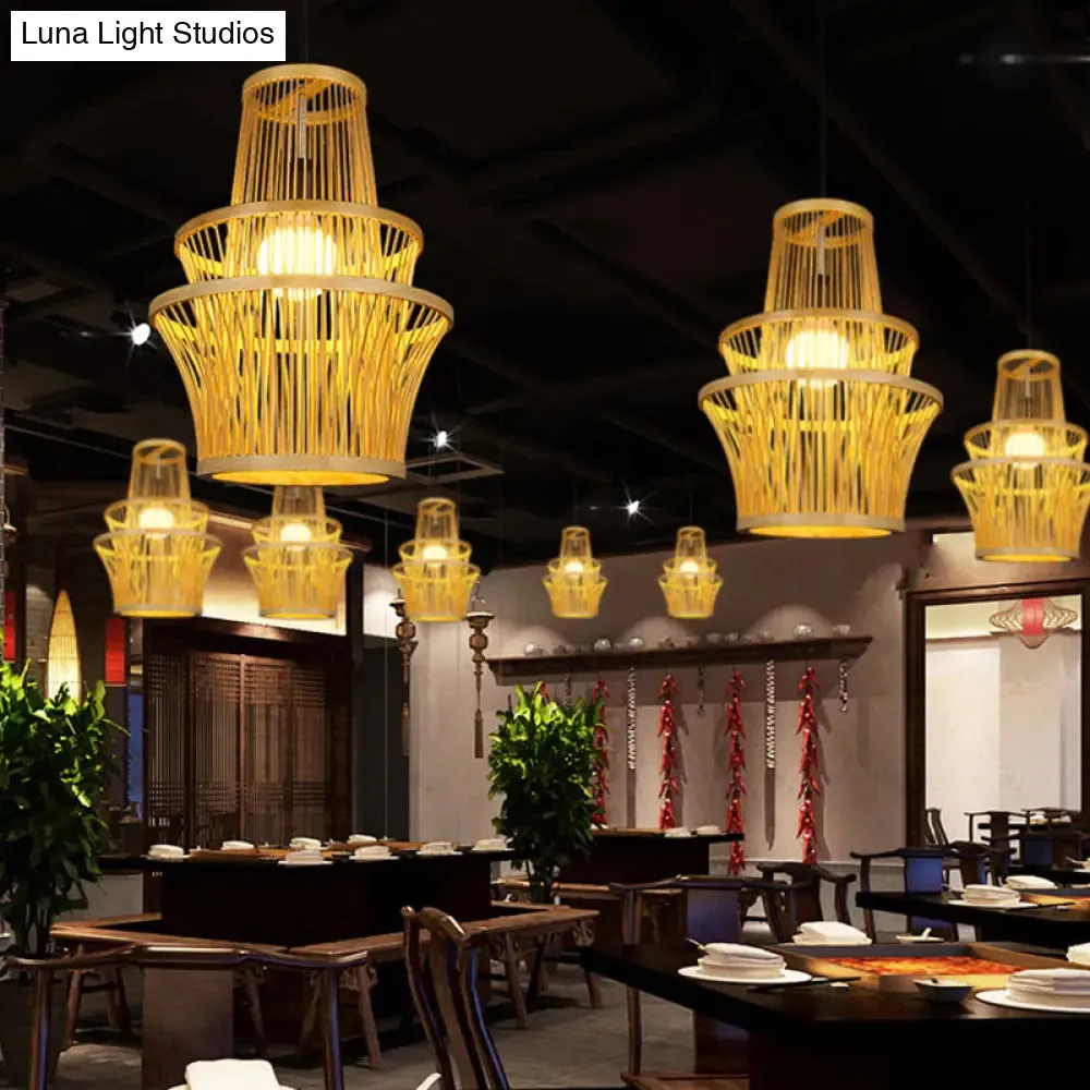 Modern Bamboo Pendant Light - Beige Symmetrical Hanging Lamp