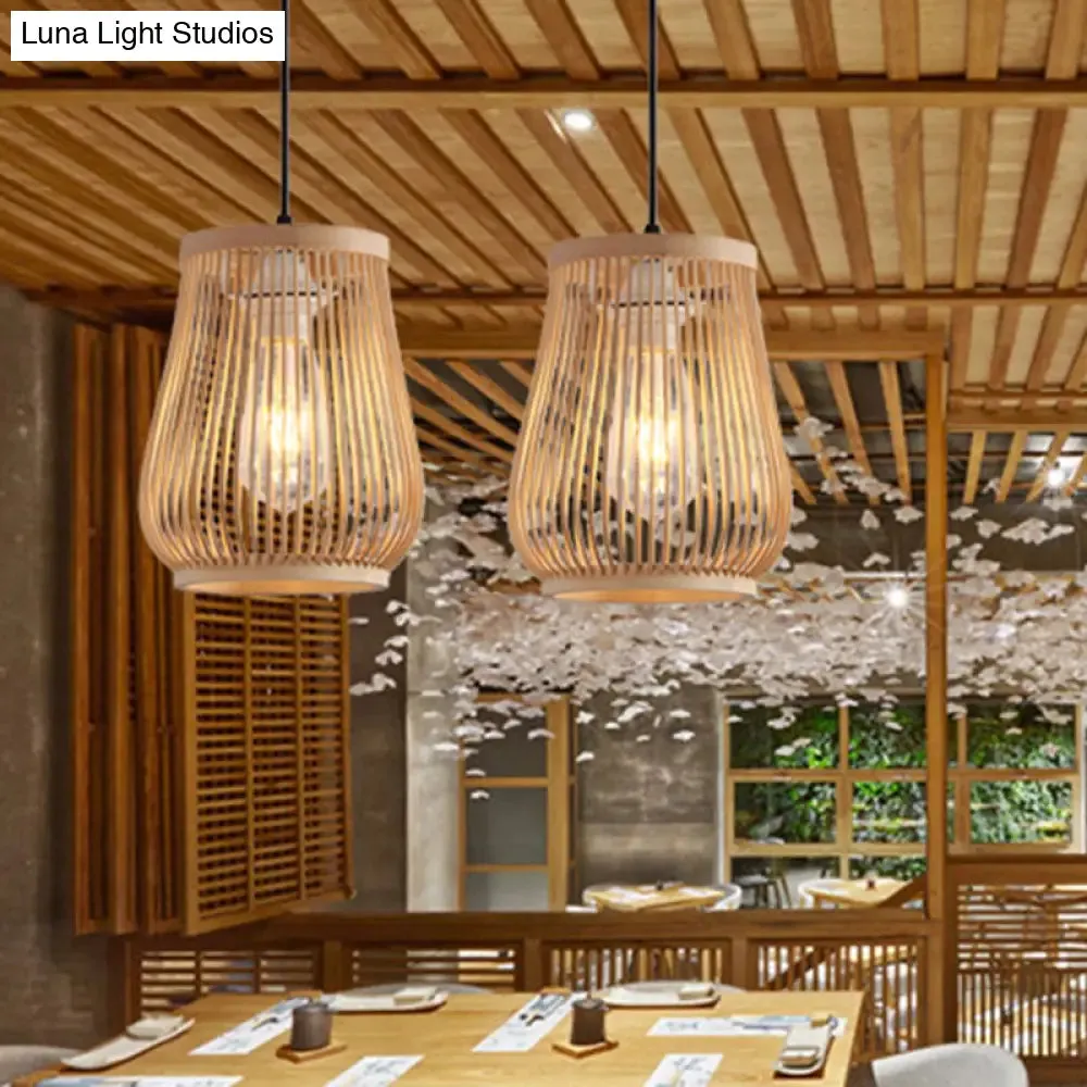 Modern Bamboo Pendant Light in Beige: Barrel Style Down Lighting for Dining Room